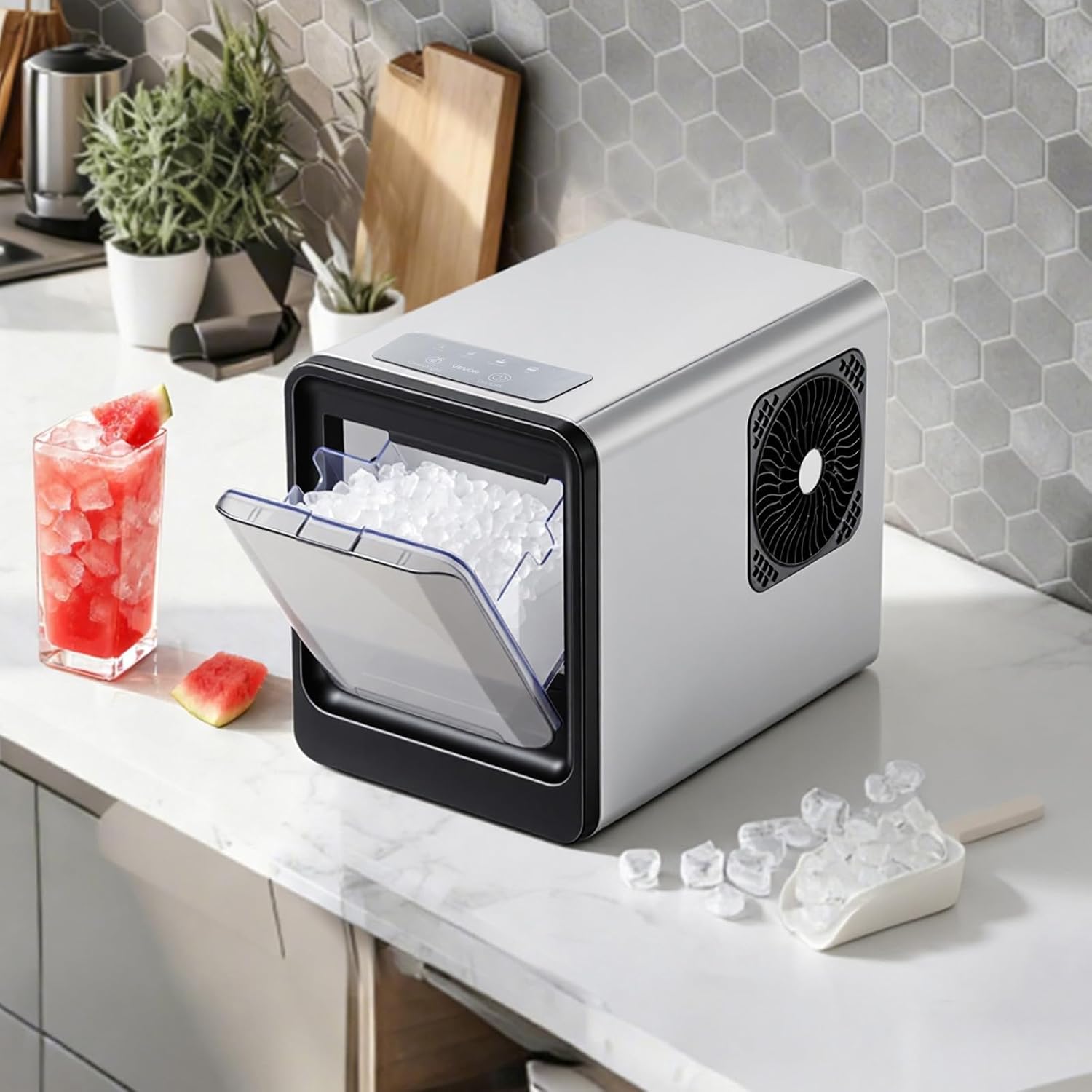 VEVOR Countertop Ice Maker, 33 lbs per Day, Self-Cleaning Portable Machine with Scoop, Drawer-Style Ice Access, Nugget Ice-Making Machine with Chewable ICES for Home, Kitchen, Office, Bar & Party