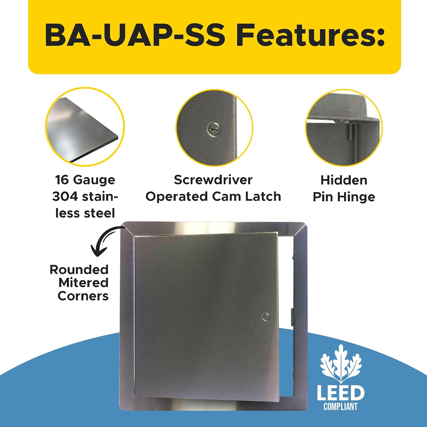 Best 12' x 12' Universal Access Panel with Flange, 16-Gauge 304 Stainless Steel Access Door for Non-Rated Wall/Ceiling, LEED Compliant Panel with Hidden Pin Hinge, Screwdriver Latch, BA-UAP-SS-FBA