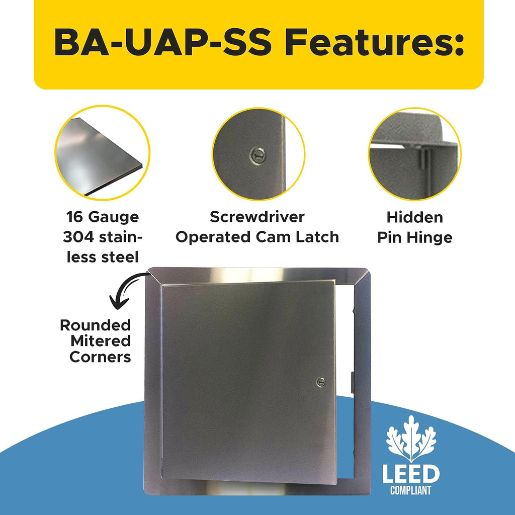 Best 24' x 24' Universal Access Panel with Flange, 16-Gauge 304 Stainless Steel Access Door for Non-Rated Wall/Ceiling, LEED Compliant Panel with Hidden Pin Hinge, Screwdriver Latch, BA-UAP-SS-FBA