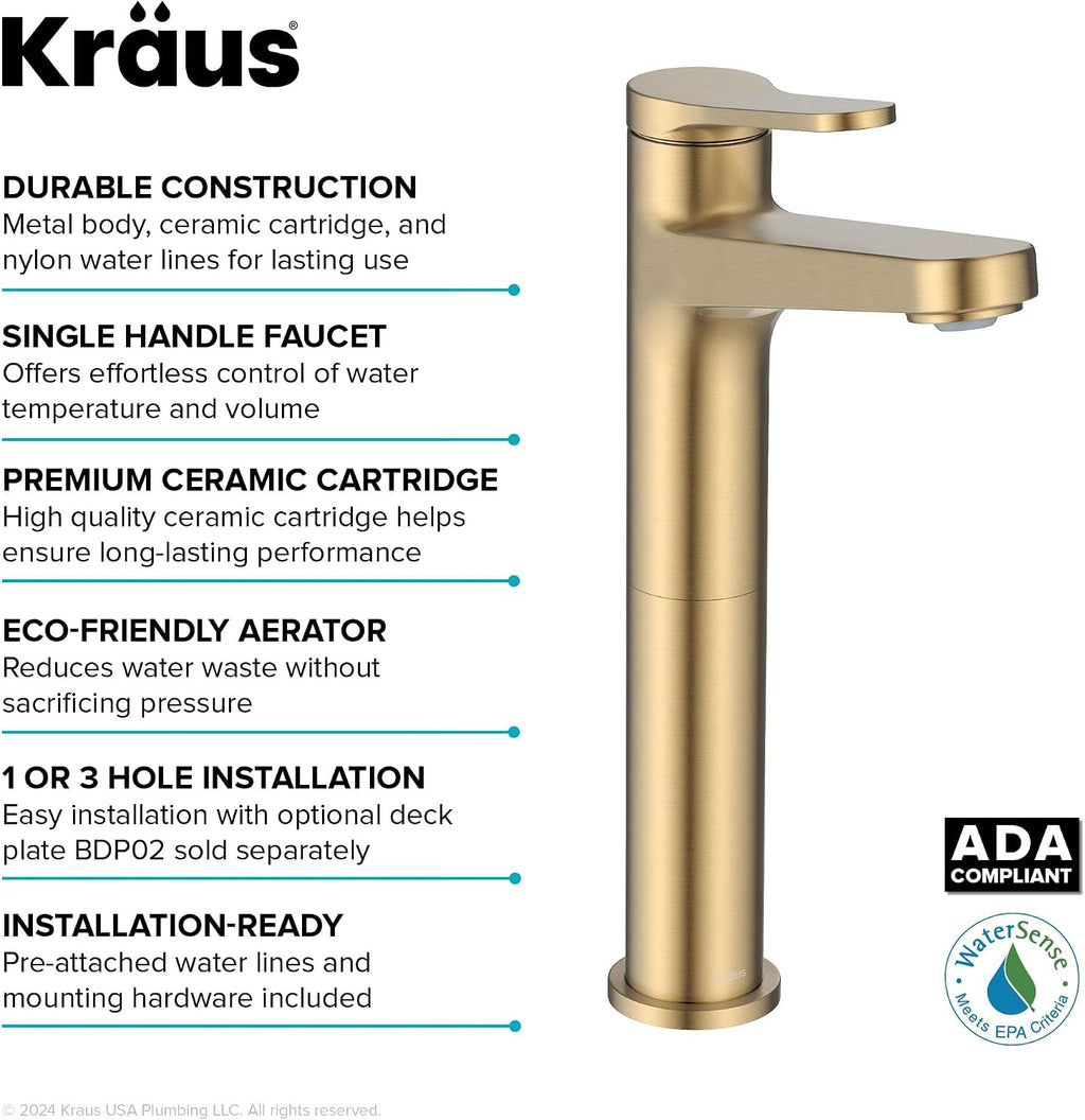 KRAUS Indy Bathroom Faucet for Vessel Sink in Spot-Free Brushed Brass with Single Handle, Pop Up Drain and Supply Lines, KVF-1410SFBB