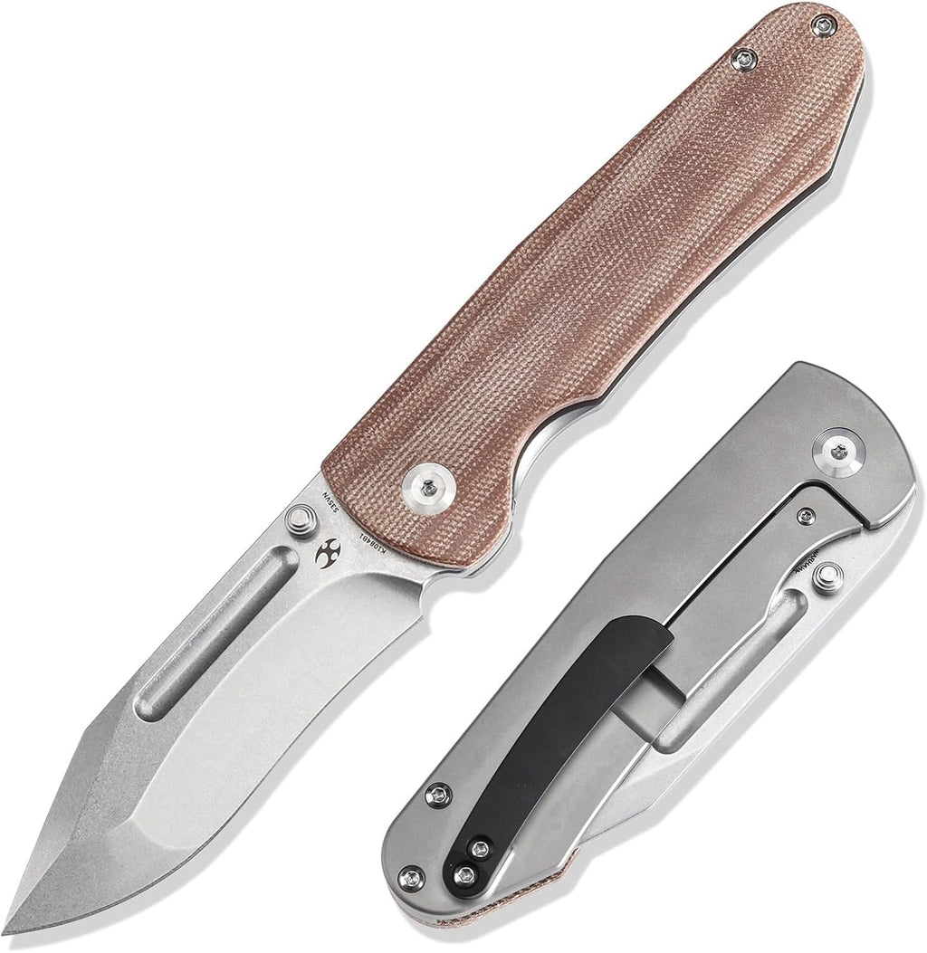 KANSEPT Superhawk Pocket Knives, 3.89'' Stonewashed CPM S35VN Steel Sharp Blade, Titanium and Brown Micarta Handle, Thumb Stud for Edc and Outdoor, 9.03'' Camping Folding Hiking Knive K1084B1