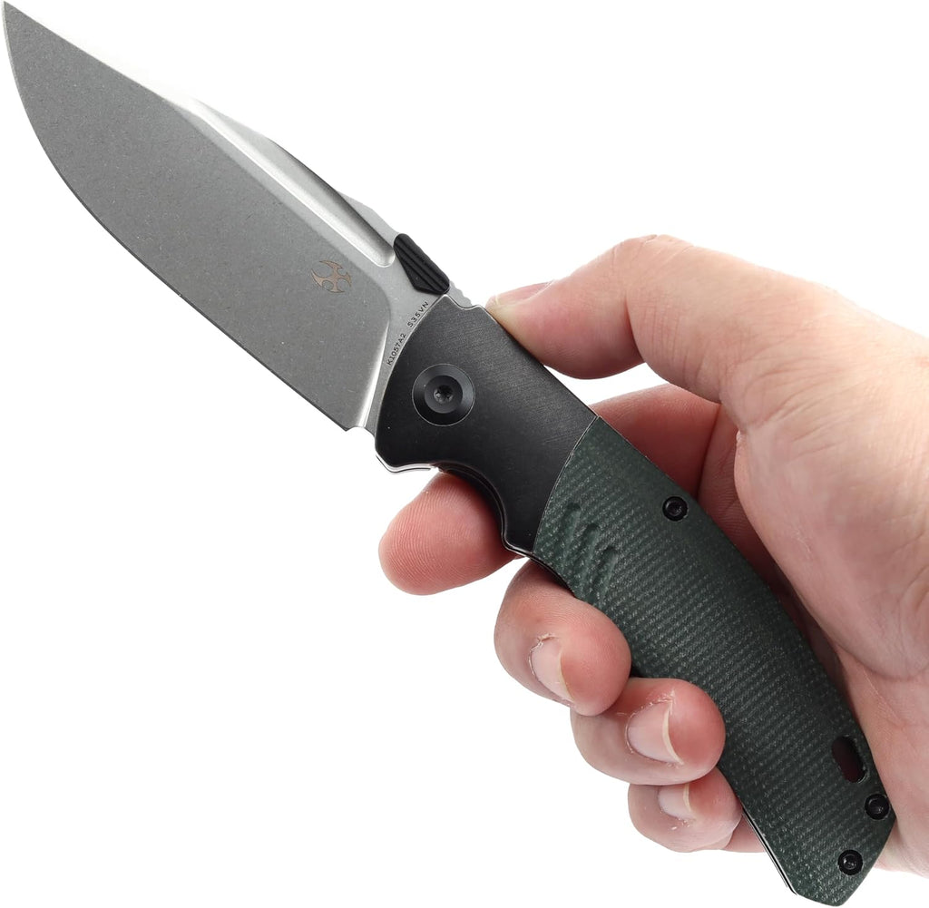 KANSEPT Hinterland Pocket Folding Knives for Men EDC Camping Folding Knife 3.58'' Stonewashed CPM S35VN Blade Pocket Knife with Blackwash Titanium Green Micarta Inlay Handle Everyday Carry K1057A2