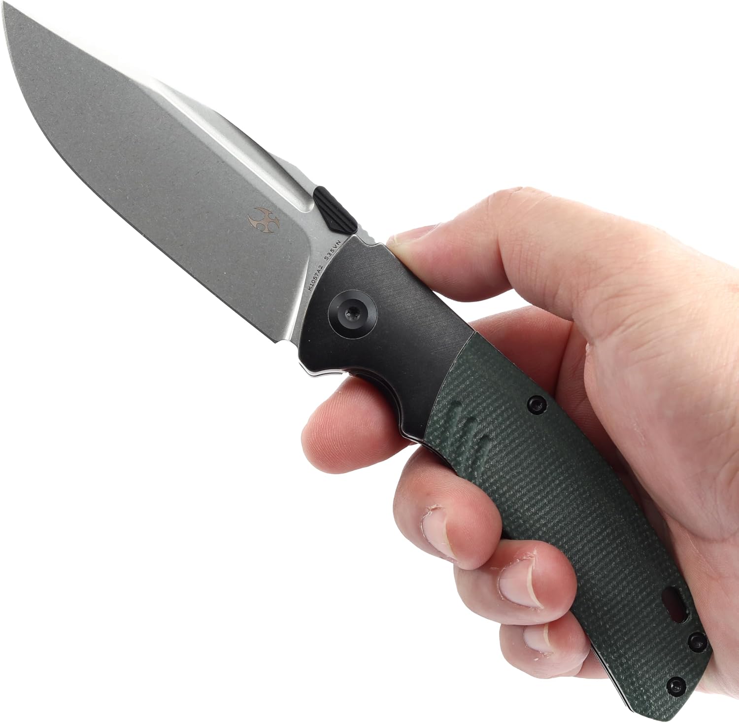 KANSEPT Hinterland Pocket Folding Knives for Men EDC Camping Folding Knife 3.58'' Stonewashed CPM S35VN Blade Pocket Knife with Blackwash Titanium Green Micarta Inlay Handle Everyday Carry K1057A2