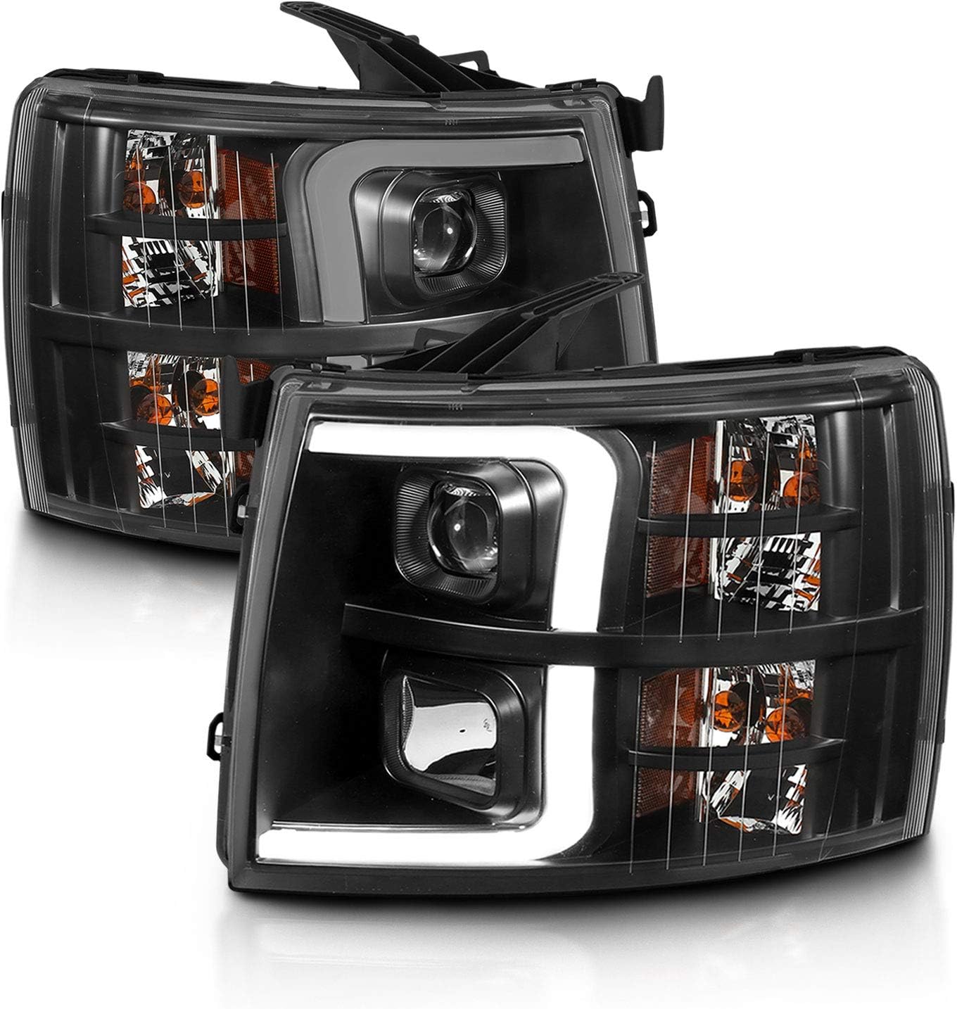AmeriLite For 2007-2013 Chevy Silverado 1500/07-14 2500HD 3500HD Led, Halogen, Tube Quad Projector Car Headlights Assembly Set - Passenger and Driver Side, Vehicle Light Assembly, Black