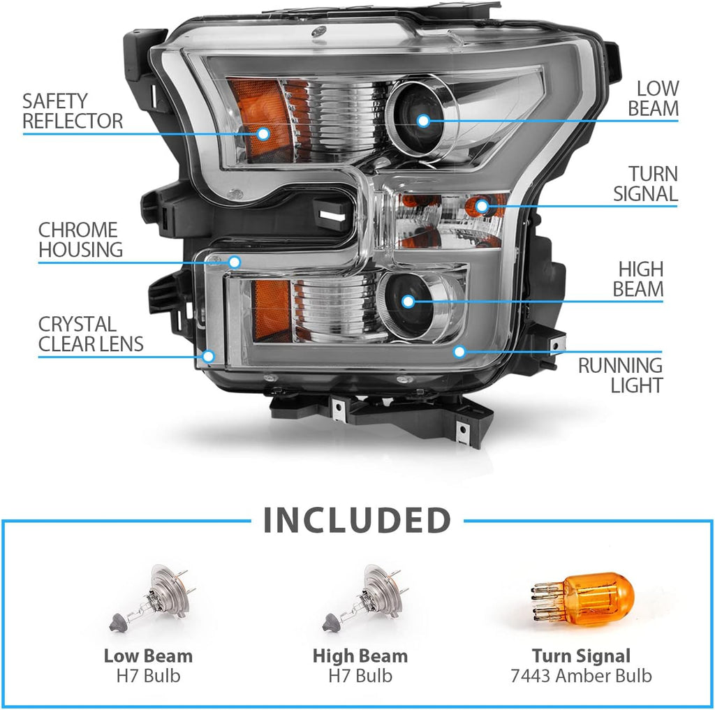 AmeriLite for 2015-2017 Ford F150 Truck LED Tube Dual Projector Beam Chrome Headlight Assembly Set - Driver and Passenger Side