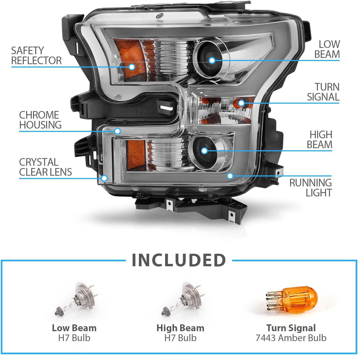 AmeriLite for 2015-2017 Ford F150 Truck LED Tube Dual Projector Beam Chrome Headlight Assembly Set - Driver and Passenger Side