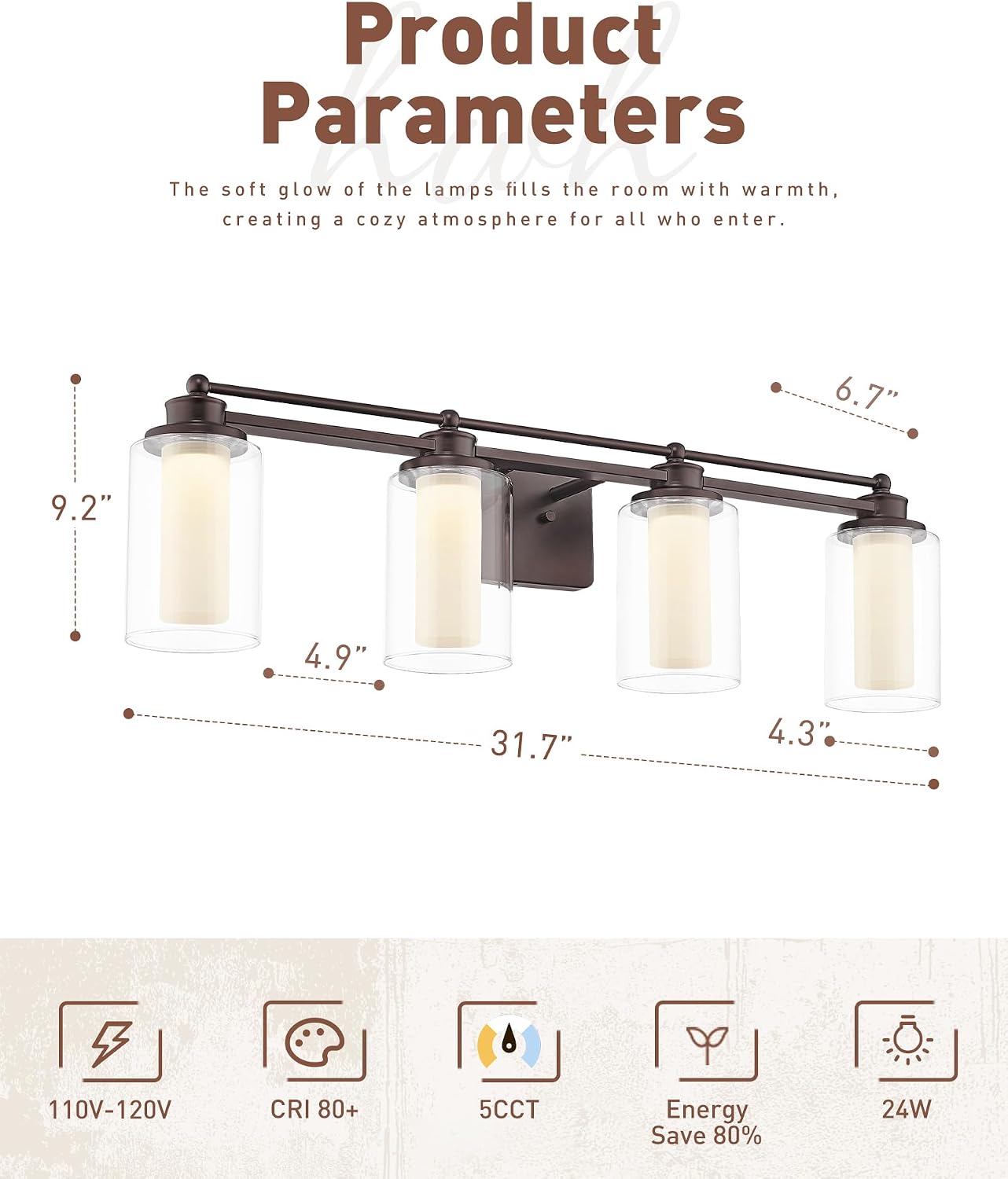 Bathroom Light Fixtures 4 Lights, HWH Oil Rubbed Bronze Bathroom Vanity Light Over Mirror with Clear Glass, 5CCT Dimmable 24W LED Vanity Lights, 5HLT63B-4W-LED ORB