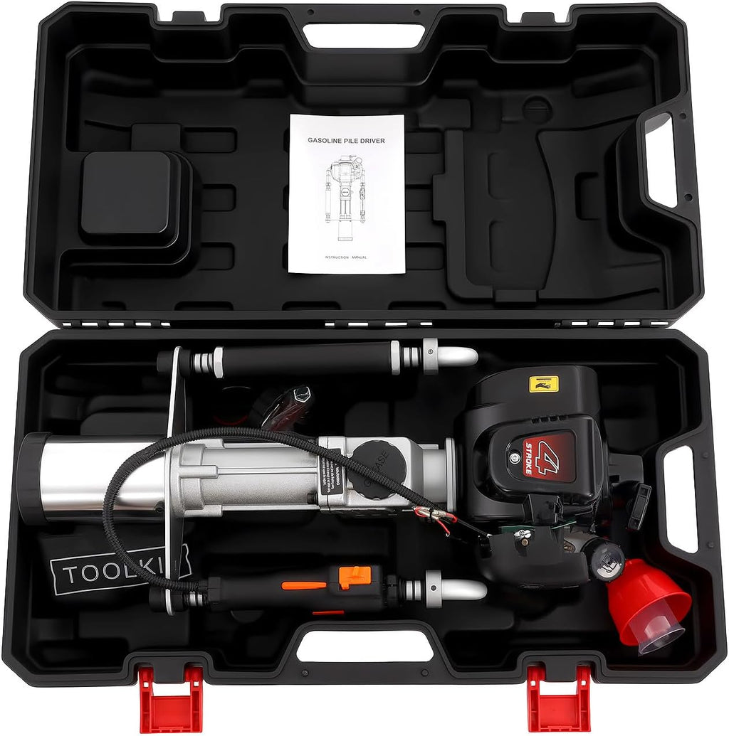 37.7CC 4-Stroke T Post Driver Gas Powered for Metal Post, 1.2KW Pile Driver with Handles, 20-45J Impact Energy for Construction, Garden, Fence, Farm T-Post - Handheld with 2 Pile Heads & Storage Case