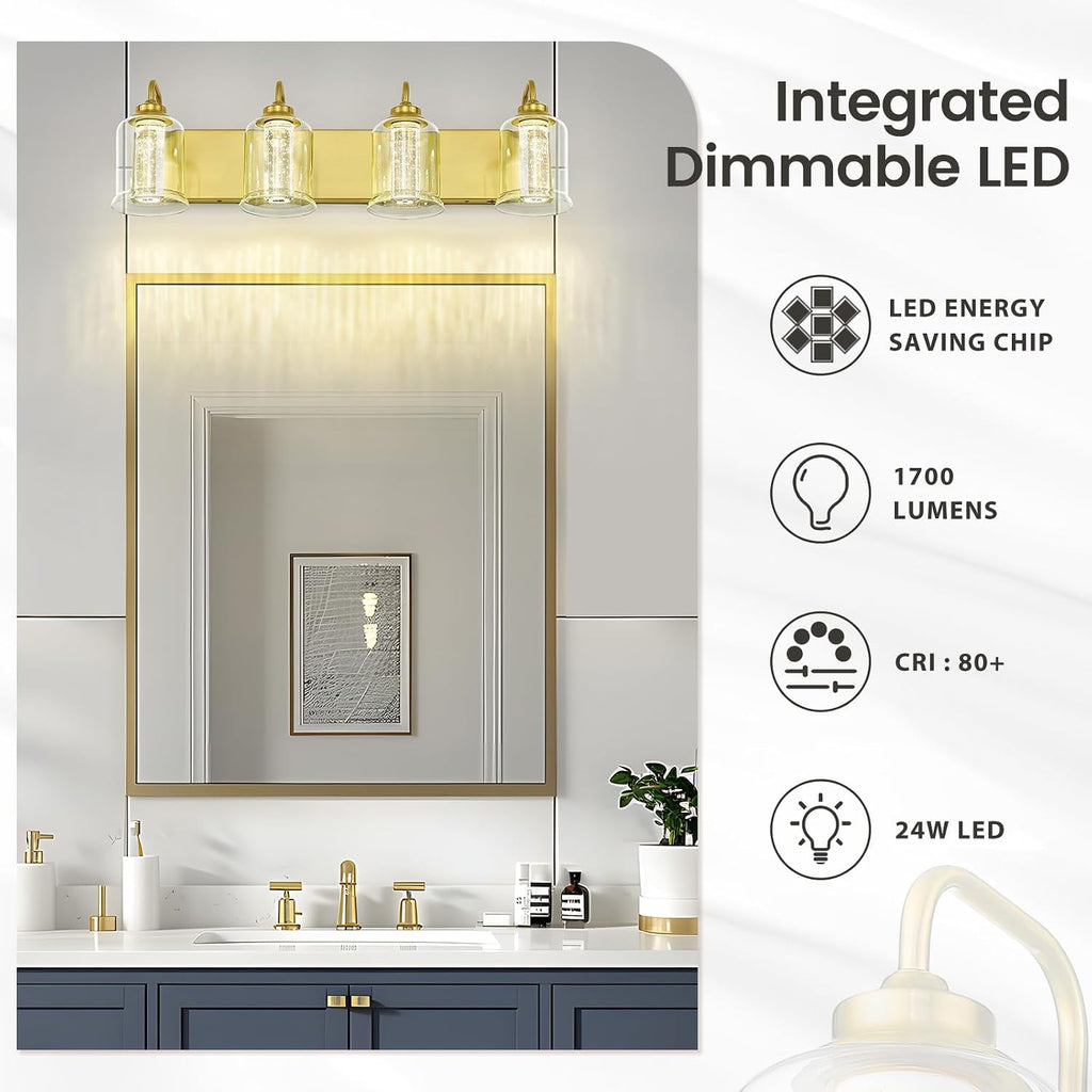 zeyu 24W Dimmable Gold Bathroom Vanity Light, 4-Light Gold Bathroom Light Fixture with 5 Color Modes, Brushed Gold Finish with Crystal Bubble and Clear Glass, ZSL72B-4W LED BG
