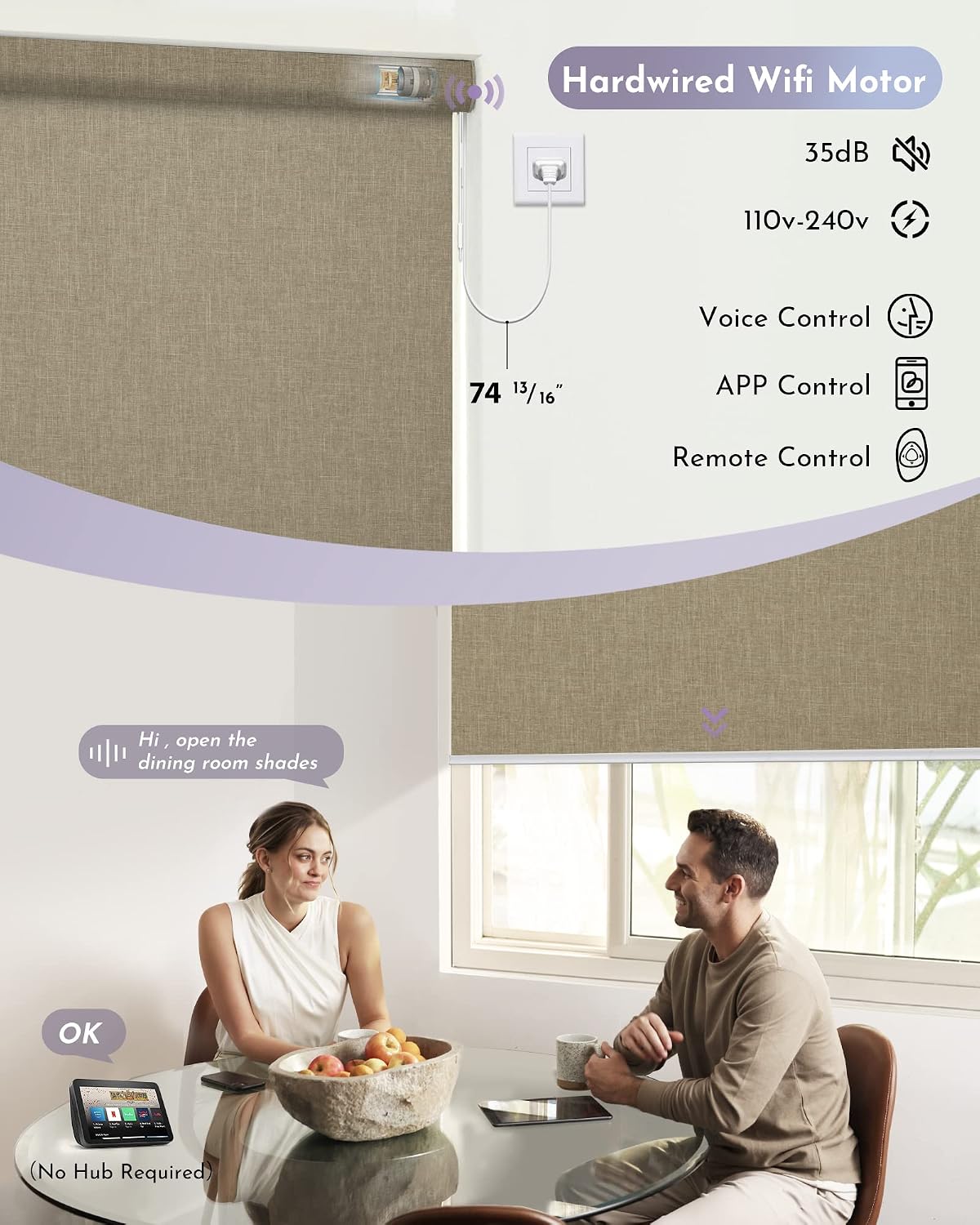 Graywind Motorized Shades 100% Blackout Work with Alexa Google Smart Home Control Build-in Hardwired Window Shades Thermal Insulated Window Blinds, Customized Size (Coffee)