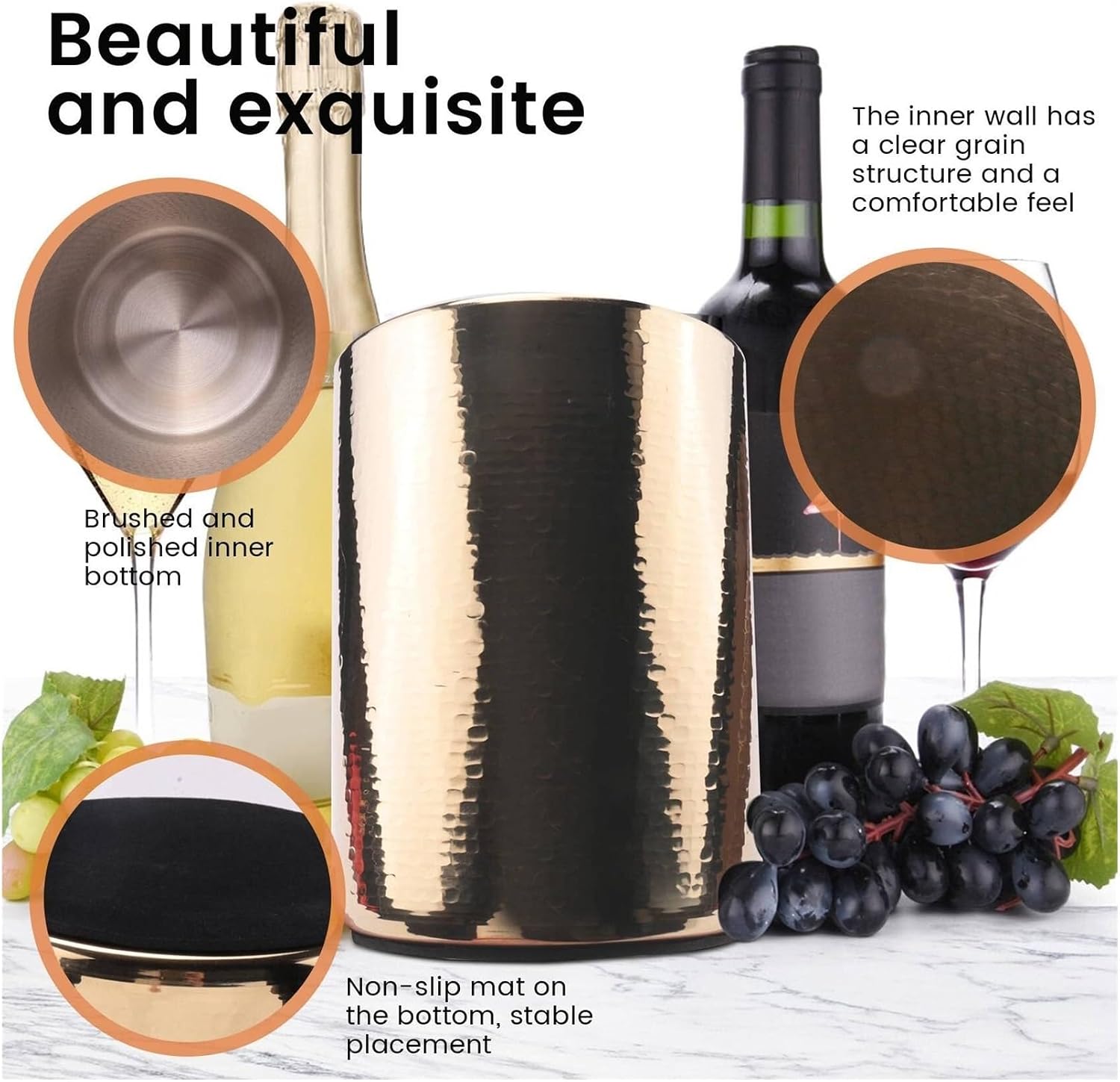 Stainless Steel Champagne Ice Bucket with Hammered Scale Design, Wine Cooler for KTV Bar Home Party, Gold Beer Bucket with Non-Slip Base