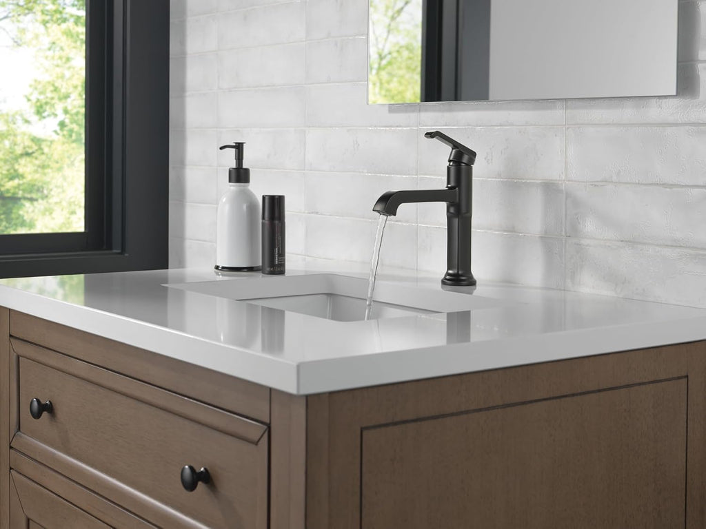 Delta Tetra Matte Black Bathroom Faucet 1 Hole, Single Hole Bathroom Sink Faucet for Vanity, Matte Black 589-BLLPU-DST (Drain Not Included)
