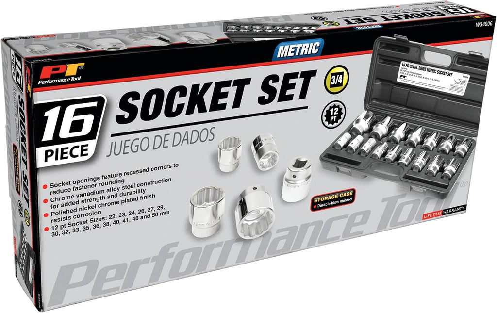 Performance Tool W34906 16-Piece Drive MM 12-Part Socket Set, 3/4-Inch