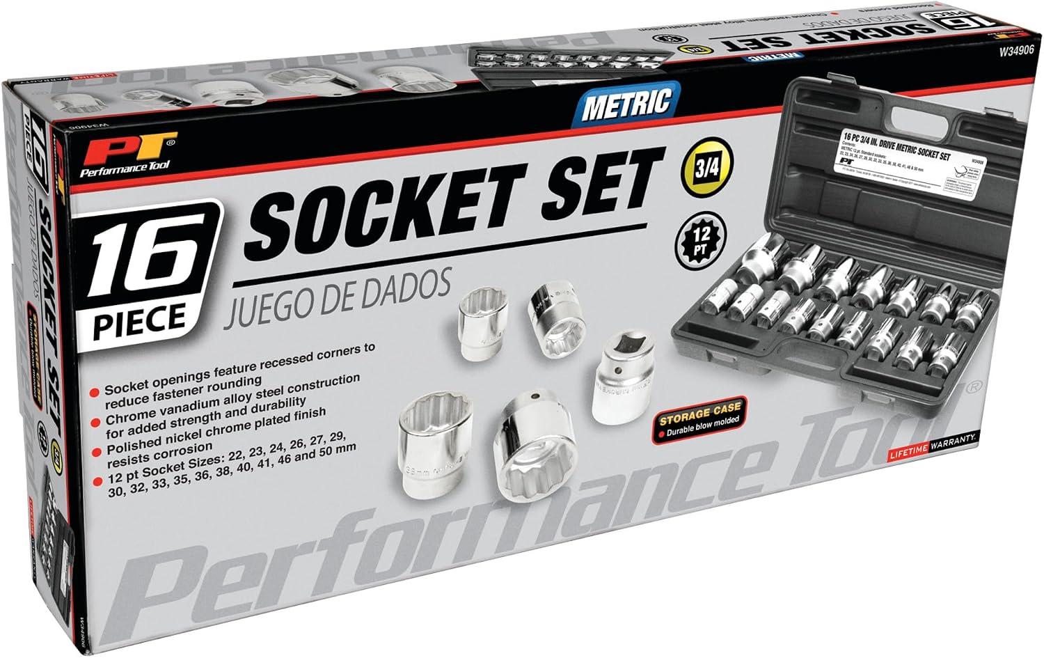 Performance Tool W34906 16-Piece Drive MM 12-Part Socket Set, 3/4-Inch