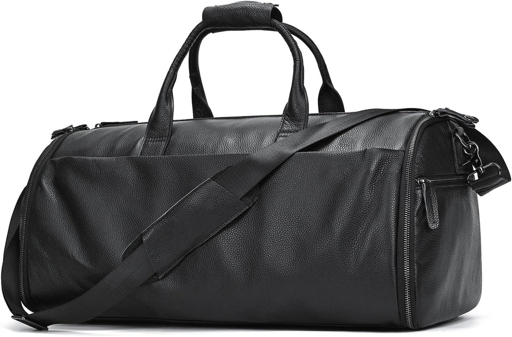 LUUFAN Genuine Leather Garment Bag Large Capacity Travel Bag Business Suit Carrier Bag with Shoe Compartment, Men Women Duffel Bags for Overnight Gym Sports Weekend, Black