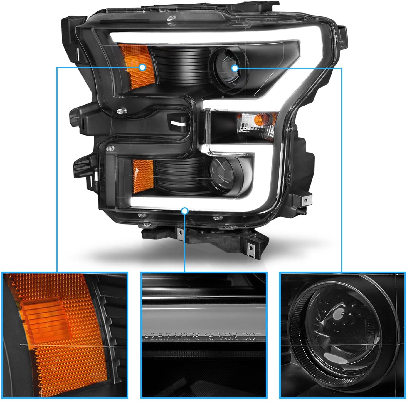 AmeriLite for 2015-2017 Ford F150 Pickup [Halogen Type] Dual LED Bar Projector Black Replacement Headlight Set - Driver and Passenger Side