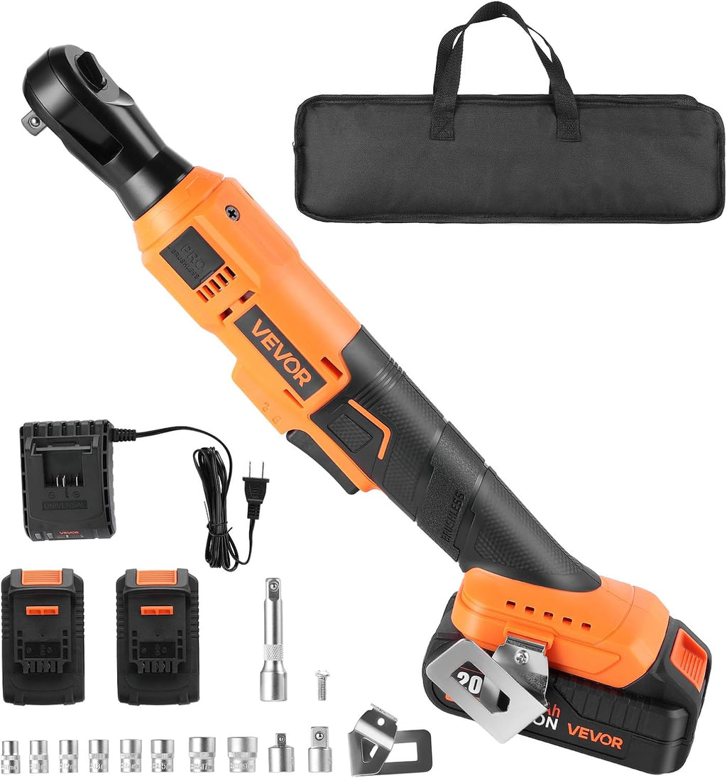 VEVOR Cordless Ratchet Wrench, 3/8 inch Drive, 230 RPM, up to 88 ft-lbs of Torque, Battery Powered Electric Ratchet Wrench Set with Two 2.0Ah Batteries, Charger, Sockets, Adaptors and Cloth Bag