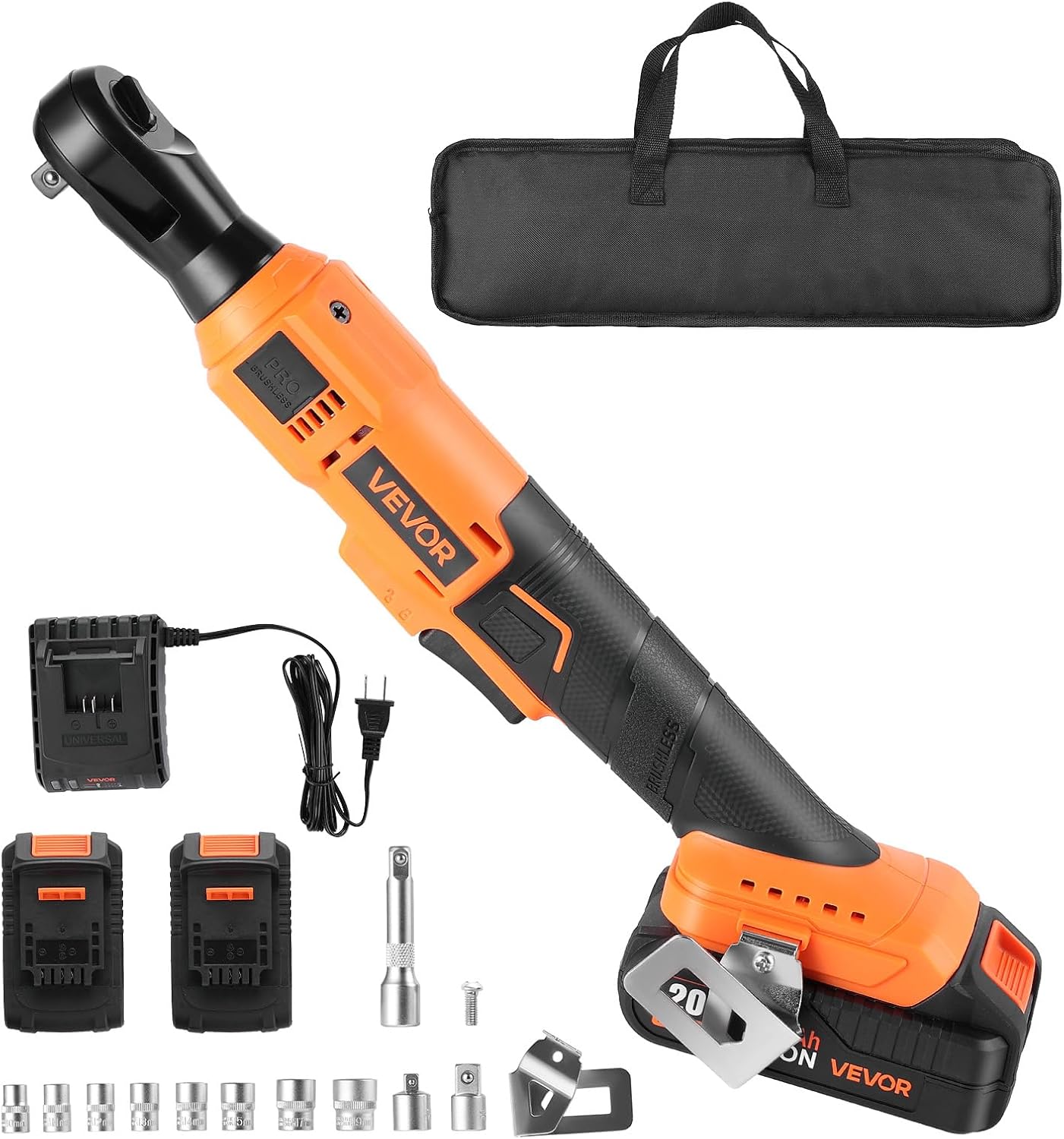 VEVOR Cordless Ratchet Wrench, 3/8 inch Drive, 230 RPM, up to 88 ft-lbs of Torque, Battery Powered Electric Ratchet Wrench Set with Two 2.0Ah Batteries, Charger, Sockets, Adaptors and Cloth Bag