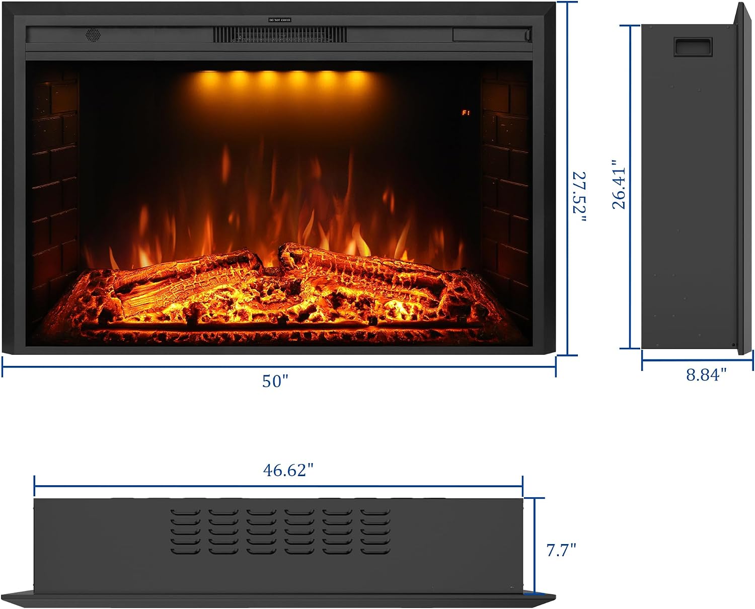 50 inch Electric Fireplace, Wall Fireplace Electric with Remote Control, Realistic Log and Crackling Sound, Overheating Protection and Timer, 750/1500W Black