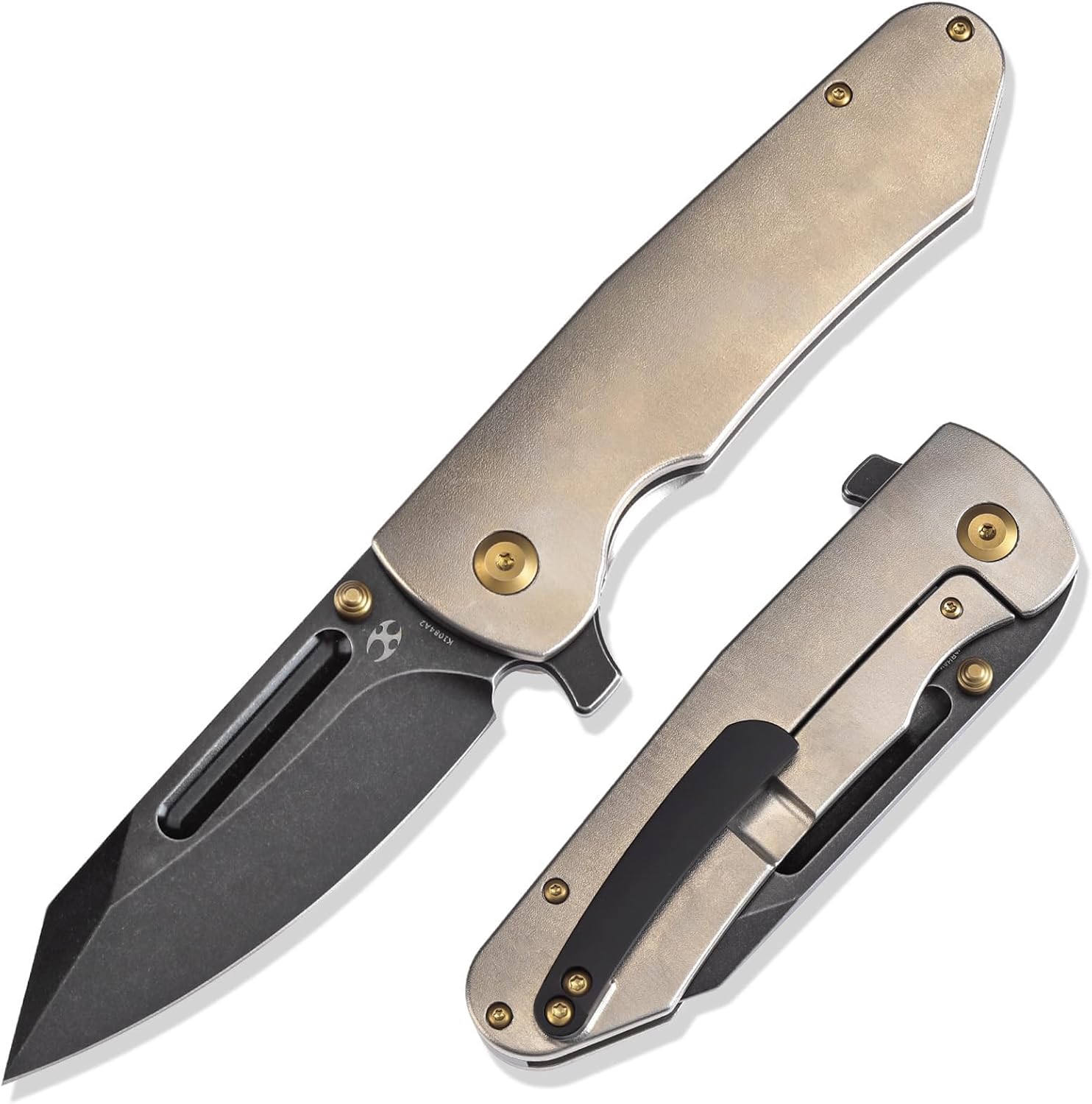 KANSEPT Superhawk Pocket Knives, 3.89''Blackwash CPM S35VN Steel Sharp Blade, Titanium with Orange Peel Finish Handle, Thumb Stud for Edc and Outdoor, 9.03'' Camping Folding Hiking Knive K1084A2