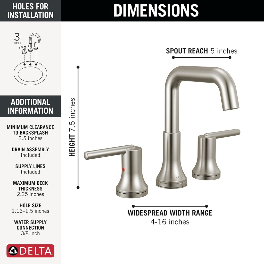 Delta Trinsic U-Spout Widespread Bathroom Faucet, Brushed Nickel 3-Hole Bathroom Sink Faucet, Metal Push-Pop Drain Assembly, Stainless 3554-SSMPU-DST
