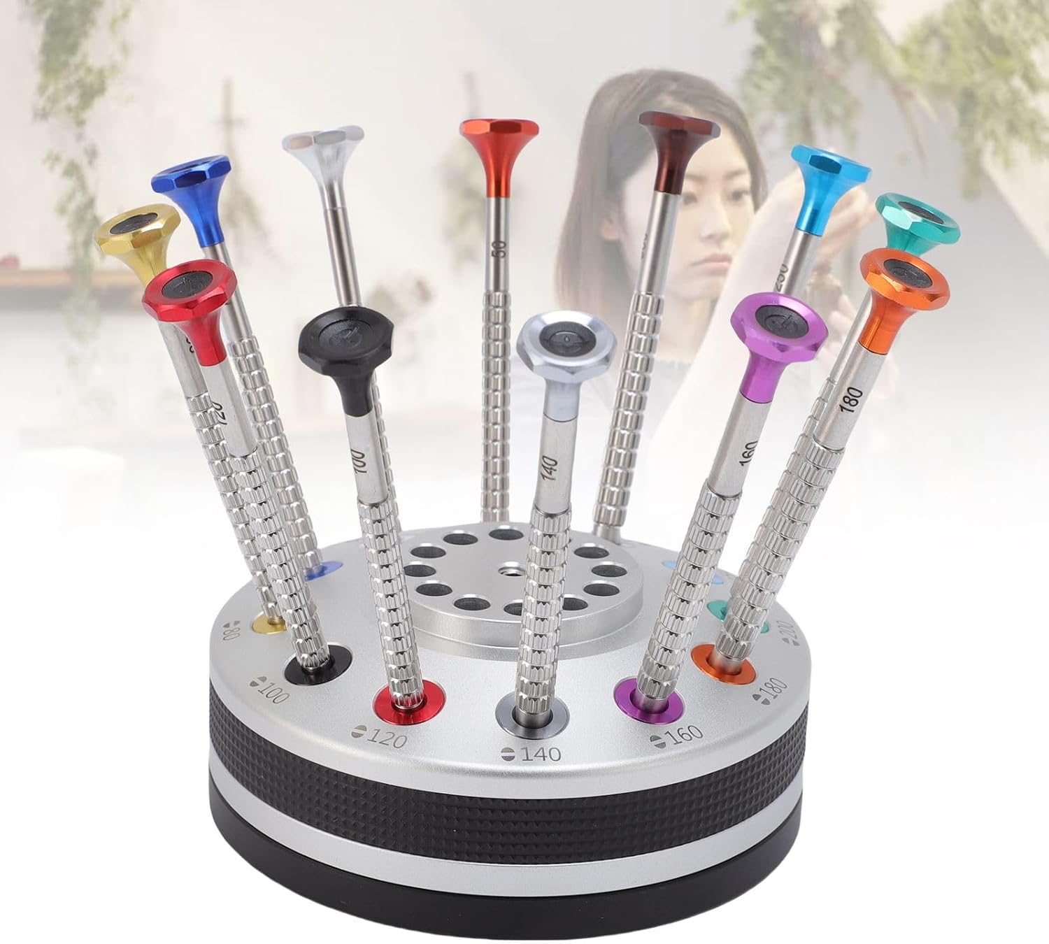AYNEFY 12Pcs Watchmakers Screw Driver Set,Stainless Steel Flat PH Head Watch Repair Installation Disassembly Screw Driver Bits On Rotating Stand for Eyewear Jewelry
