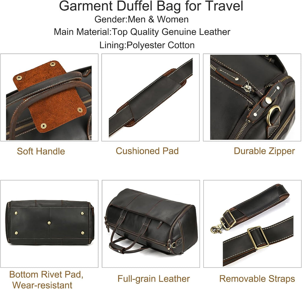 LUUFAN Full-grain Leather Garment Bag Large Capacity Travel Bag Business Suit Carrier Bag with Shoe Compartment, Overnight Gym Sports Duffel Bags for Men Women, Dark Brown