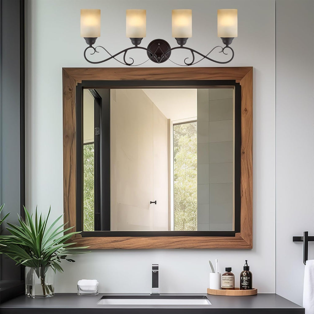 Kira Home Villa 31' Traditional 4-Light Bathroom Vanity Light with Scrollwork Design and Frosted Amber Glass Shades, Oil Rubbed Bronze Finish