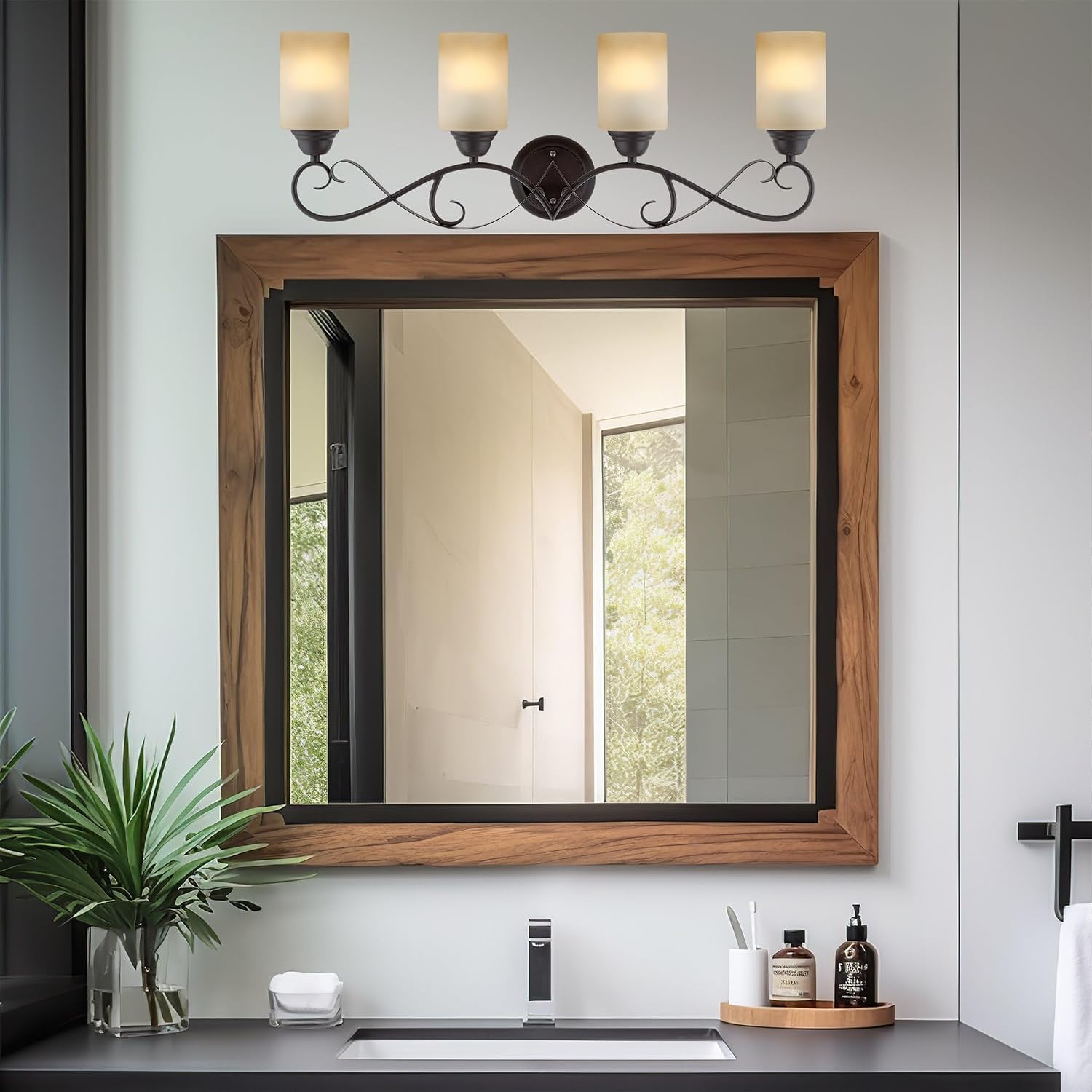 Kira Home Villa 31' Traditional 4-Light Bathroom Vanity Light with Scrollwork Design and Frosted Amber Glass Shades, Oil Rubbed Bronze Finish