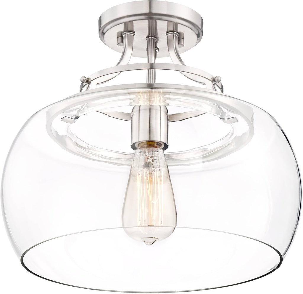 Franklin Iron Works Charleston Industrial Rustic Farmhouse Ceiling Light Semi Flush-Mount Fixture 13 1/2' Wide Brushed Nickel LED Clear Glass Shade for Bedroom Kitchen Living Room Hallway Dining