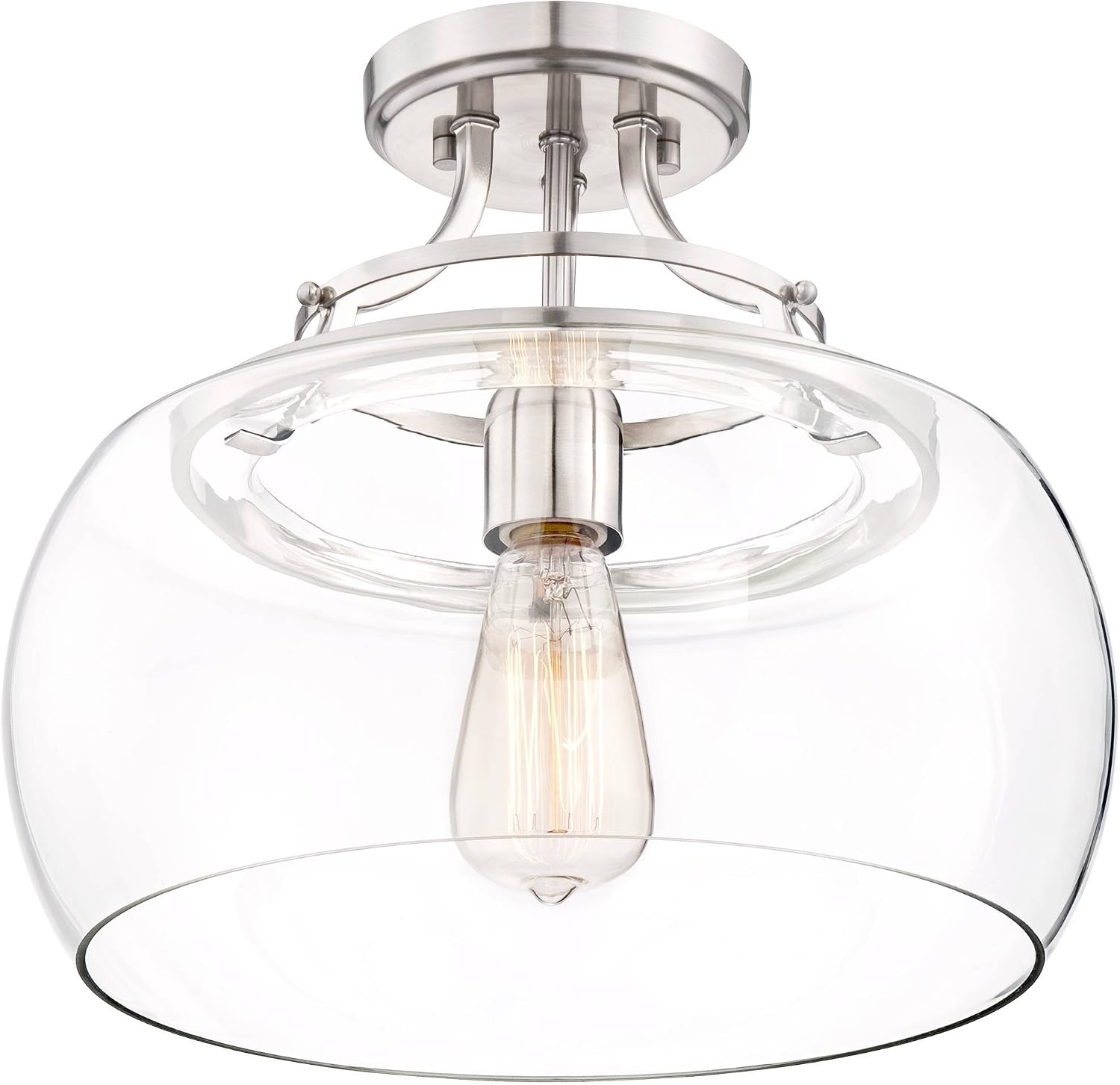 Franklin Iron Works Charleston Industrial Rustic Farmhouse Ceiling Light Semi Flush-Mount Fixture 13 1/2' Wide Brushed Nickel LED Clear Glass Shade for Bedroom Kitchen Living Room Hallway Dining