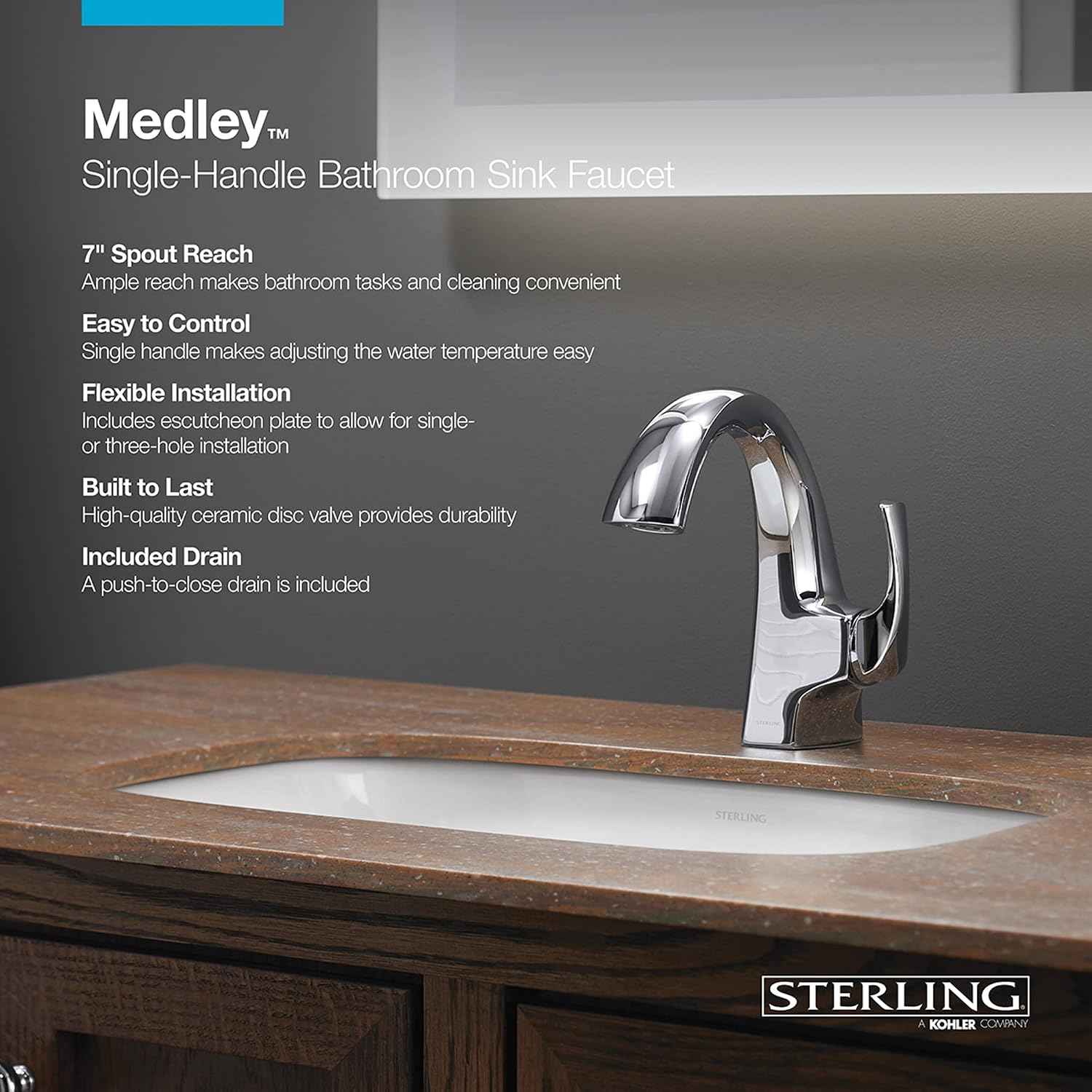Sterling 27371-4N-BN Medley Single-Handle Bathroom Sink Faucet, 1.2 GPM, Clicker Drain with Tailpiece, Premium Durable Metal, Corrosion Resistant, Matte Black