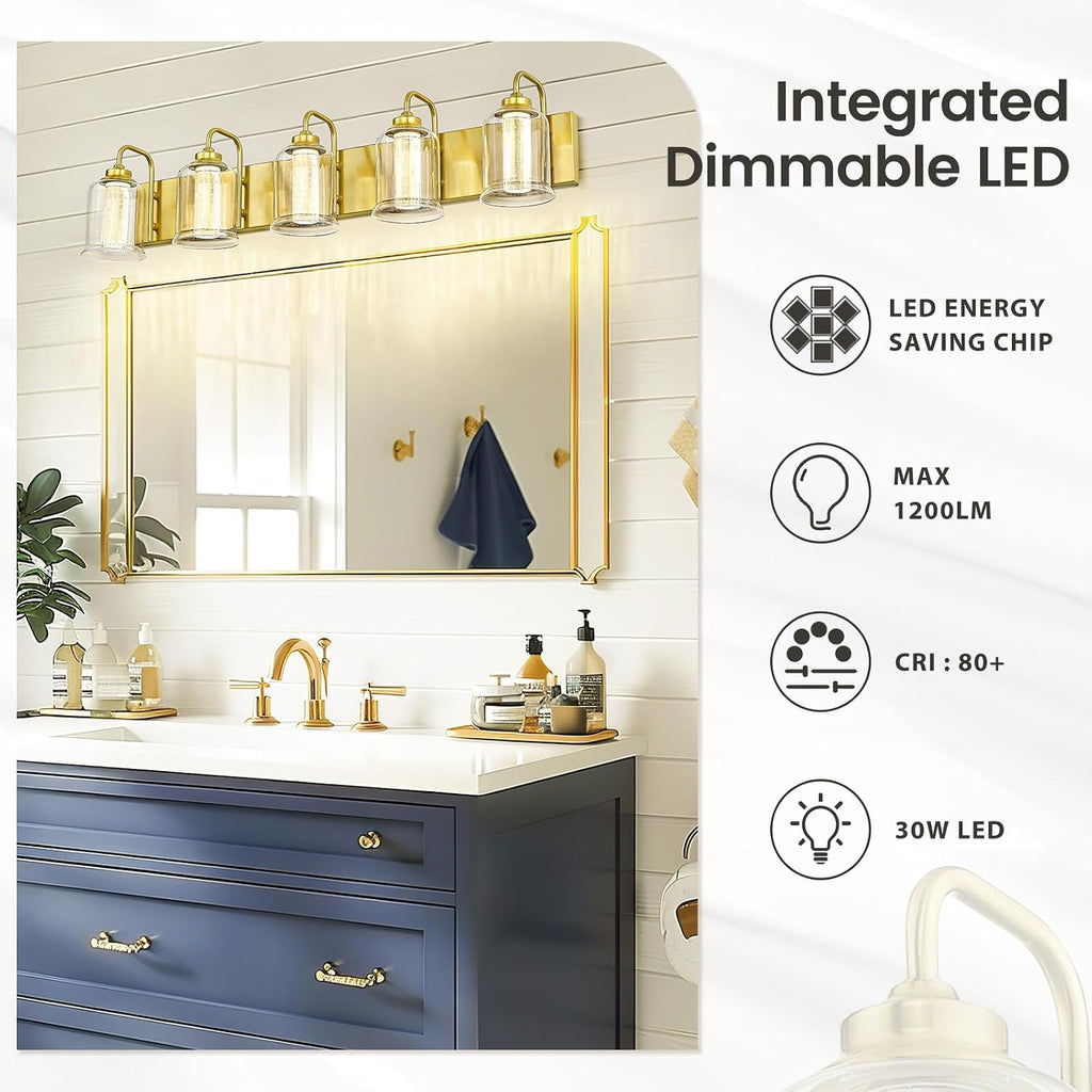 zeyu 5 Light Bathroom Wall Light, 30W Dimmable LED Vanity Lighting with 5 Color Modes, Brushed Gold Finish with Crystal Bubble and Clear Glass, ZSL72B-5W LED BG