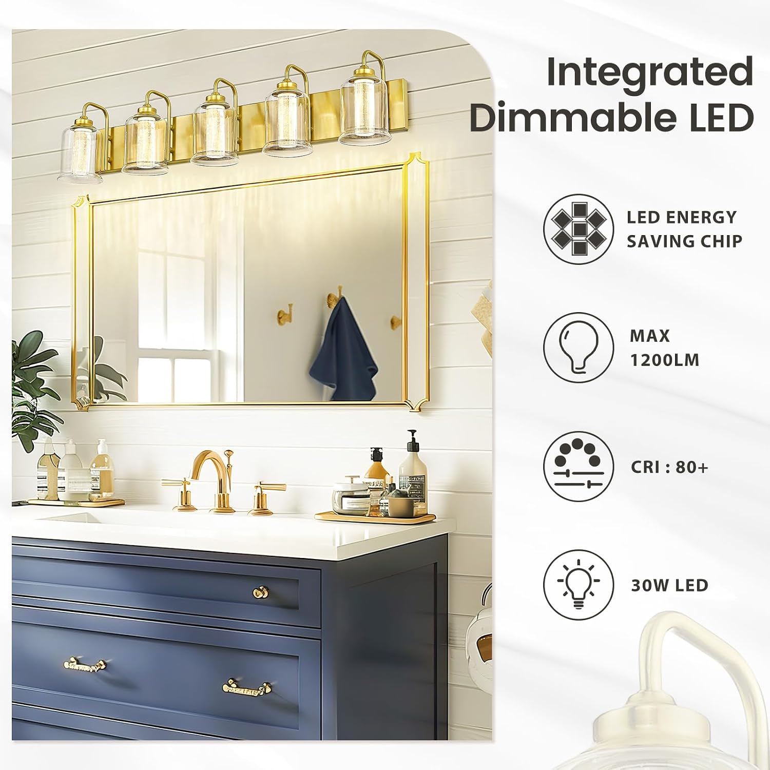 zeyu 5 Light Bathroom Wall Light, 30W Dimmable LED Vanity Lighting with 5 Color Modes, Brushed Gold Finish with Crystal Bubble and Clear Glass, ZSL72B-5W LED BG