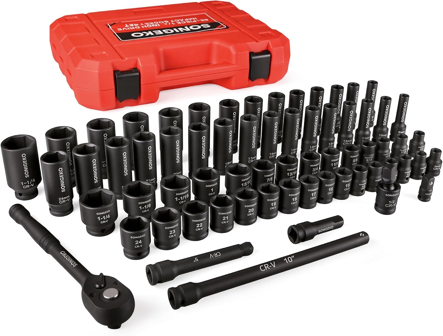66-Pieces 1/2' Drive Impact Socket Set, 6-Point Deep & Standard, CR-V Steel, Metric & SAE from 5/16'-1-1/4',8-24mm, Includes Ratchet Handle & Extension Bar