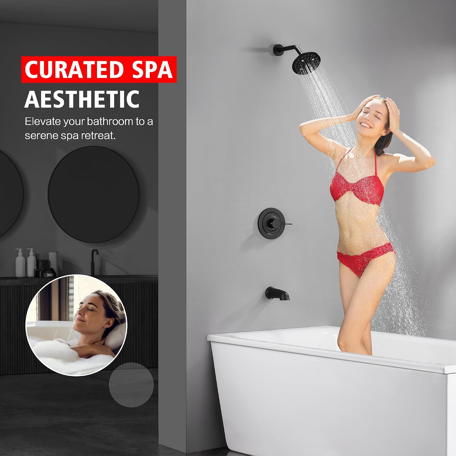 sumerain Modern Matte Black Tub and Shower Faucet Set with 6-Inch 6 Settings Rain Shower Head and Tub Spout, Valve Included