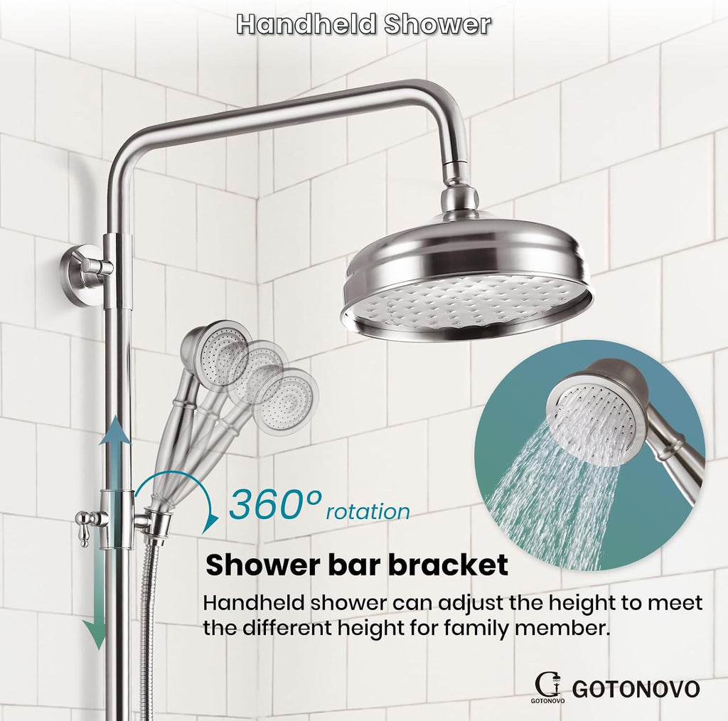 gotonovo Bathroom Exposed Shower Fixtures 8 Inch Rain Showerhead Double Cross Handles 2 Function Wall Mount Shower Faucet Set, Brass Handheld Spray, Brushed Nickel