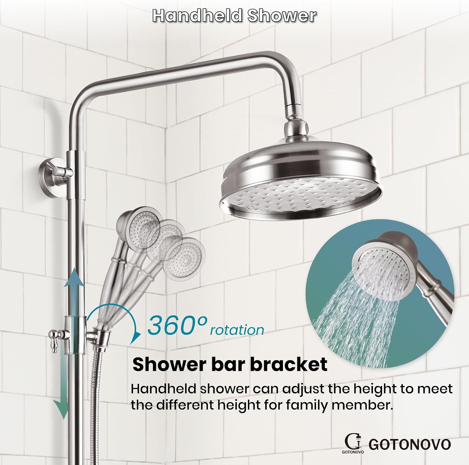 gotonovo Bathroom Exposed Shower Fixtures 8 Inch Rain Showerhead Double Cross Handles 2 Function Wall Mount Shower Faucet Set, Brass Handheld Spray, Brushed Nickel