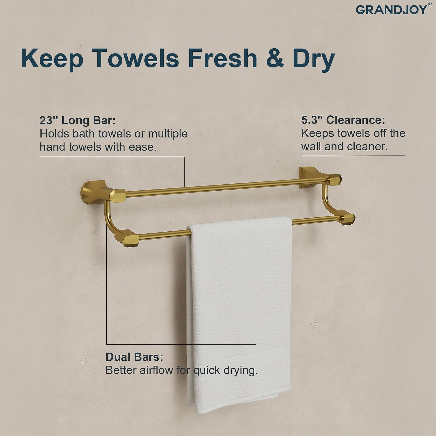 4-Piece Brushed Gold Bathroom Hardware Set, 304 Stainless Steel Rustproof Wall Mounted, 24 Inch Double Towel Rack, Towel Ring, Robe Hook, Toilet Paper Holder