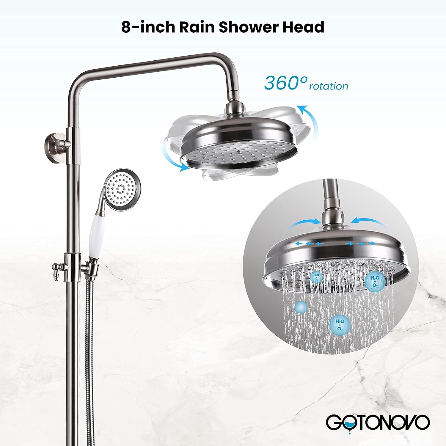 gotonovo Bathroom Shower Faucet Rain Mixer 8 Inch Round Shower Head Double Cross Handle with Tub Spout Wall Mount Bathroom Shower Fixtures 3 Function Metal Handheld Sprayer Brushed Nickel