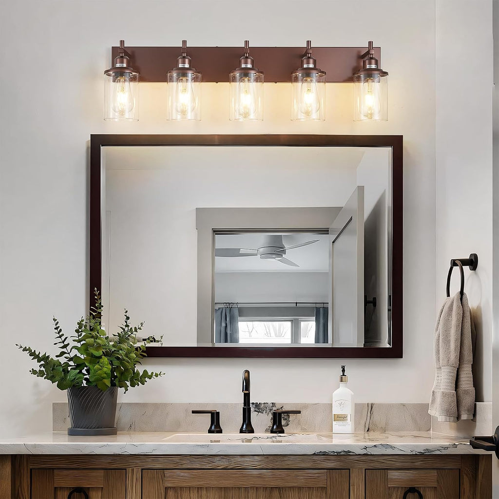 Lanhall 5-Light Bronze Bathroom Light Fixtures Over Mirror,Modern Bathroom Vanity Light with Clear Glass Shade, Wall Sconce for Bathroom Hallway Cabinet Bedroom Kitchen Living Room Foyer E26 Base