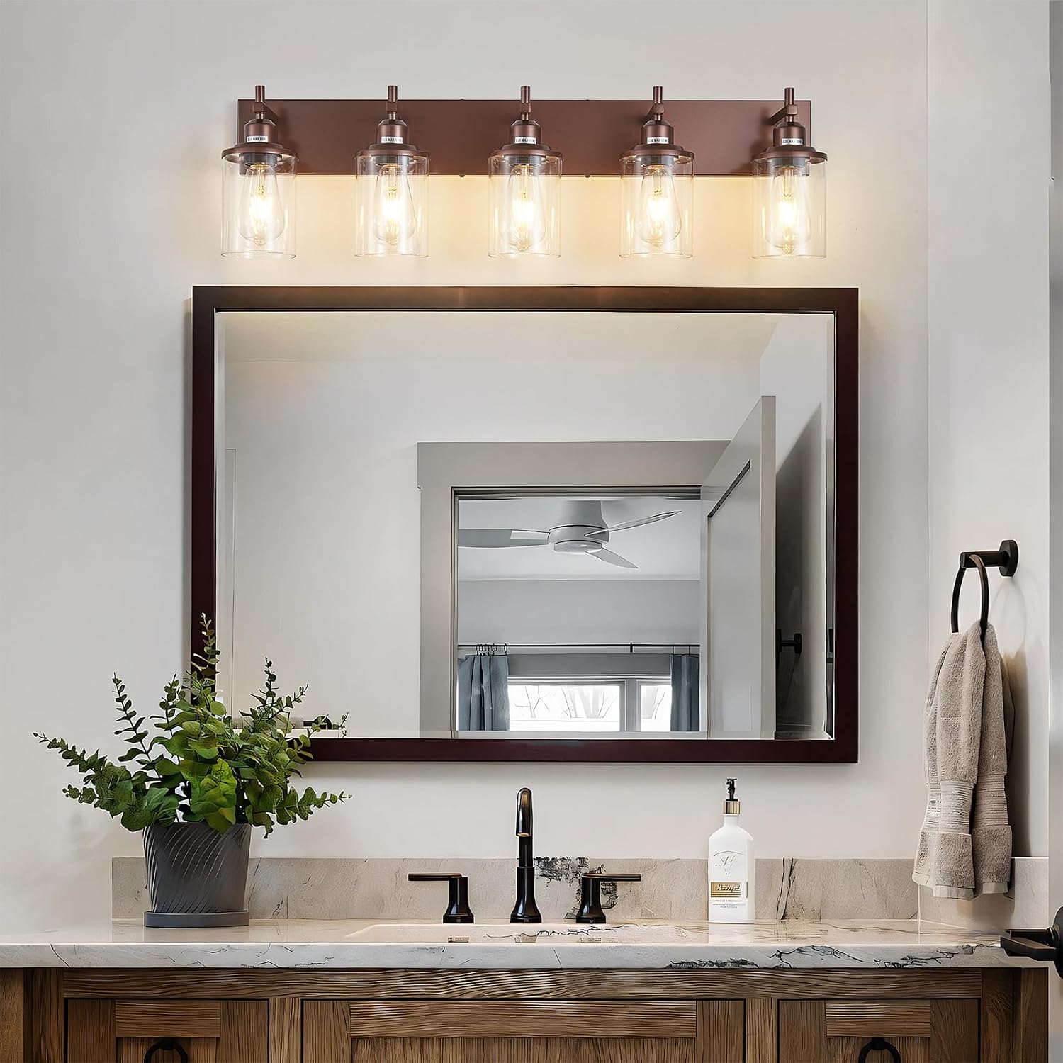 Lanhall 5-Light Bronze Bathroom Light Fixtures Over Mirror,Modern Bathroom Vanity Light with Clear Glass Shade, Wall Sconce for Bathroom Hallway Cabinet Bedroom Kitchen Living Room Foyer E26 Base