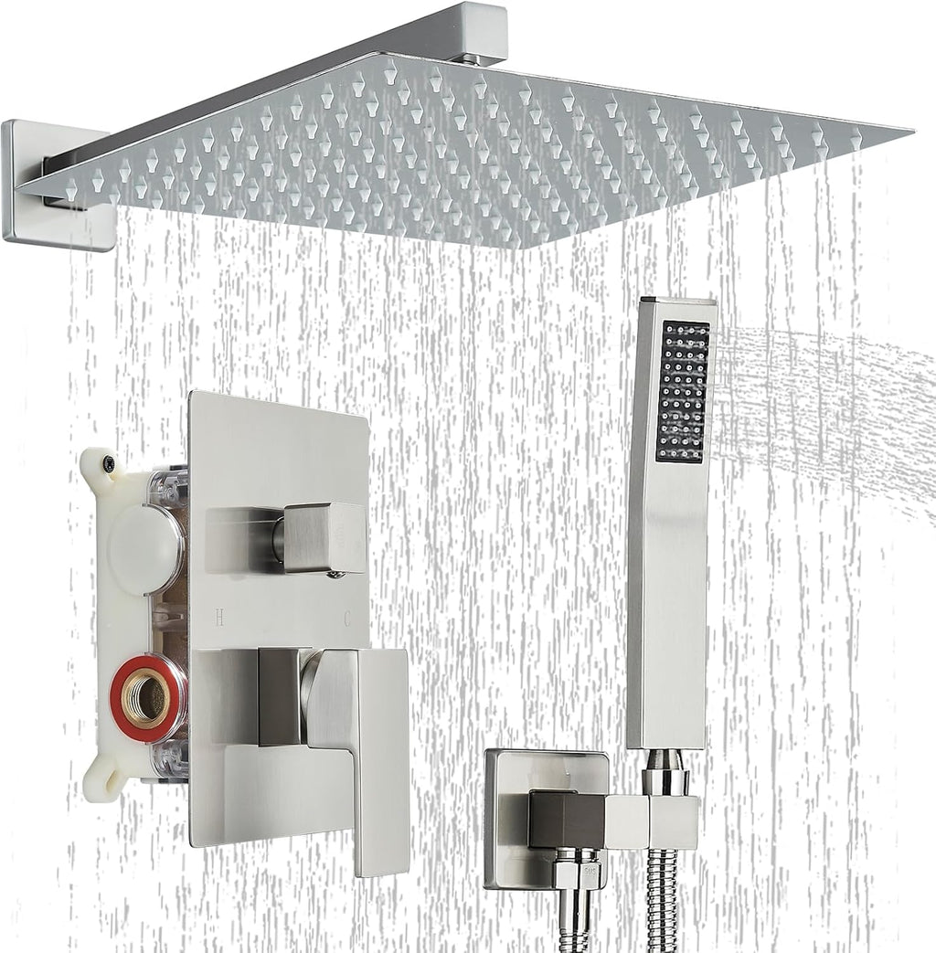 Shower Faucet Set Brushed Nickel Shower System with 12 Inches Rain Shower Head and Handheld Sprayer Wall Mounted Shower Fixture Set with Brass Shower Valve