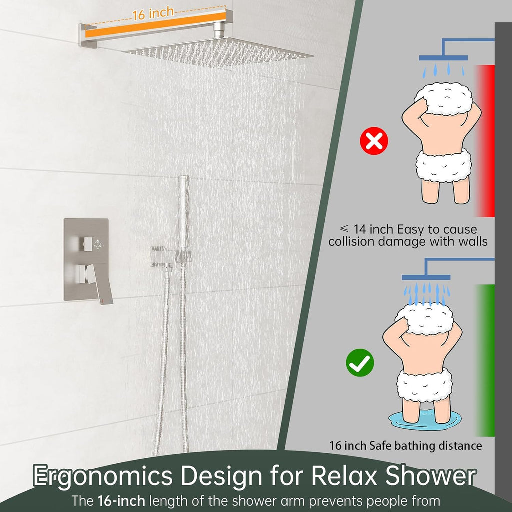 Hoimpro 12 Inch Shower System Set Bathroom Rain Shower Head Brass 2 In 1 Handheld Sprayer Wall Mounted, Rainfall Shower Faucet Spray Fixture Valve Kits Combo Showerhead, Brushed Nickel