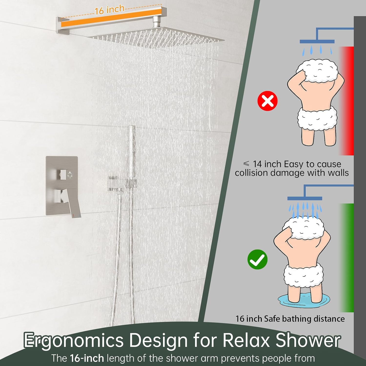 Hoimpro 12 Inch Shower System Set Bathroom Rain Shower Head Brass 2 In 1 Handheld Sprayer Wall Mounted, Rainfall Shower Faucet Spray Fixture Valve Kits Combo Showerhead, Brushed Nickel