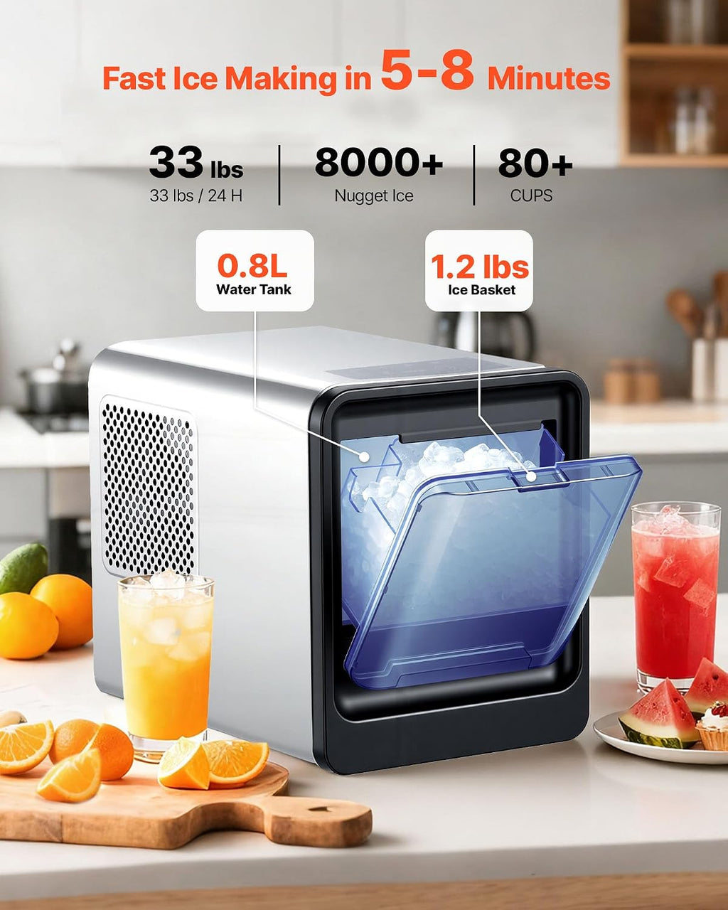 VEVOR Countertop Ice Maker, 33 lbs per Day, Self-Cleaning Portable Machine with Scoop, Drawer-Style Ice Access, Nugget Ice-Making Machine with Chewable ICES for Home, Kitchen, Office, Bar & Party