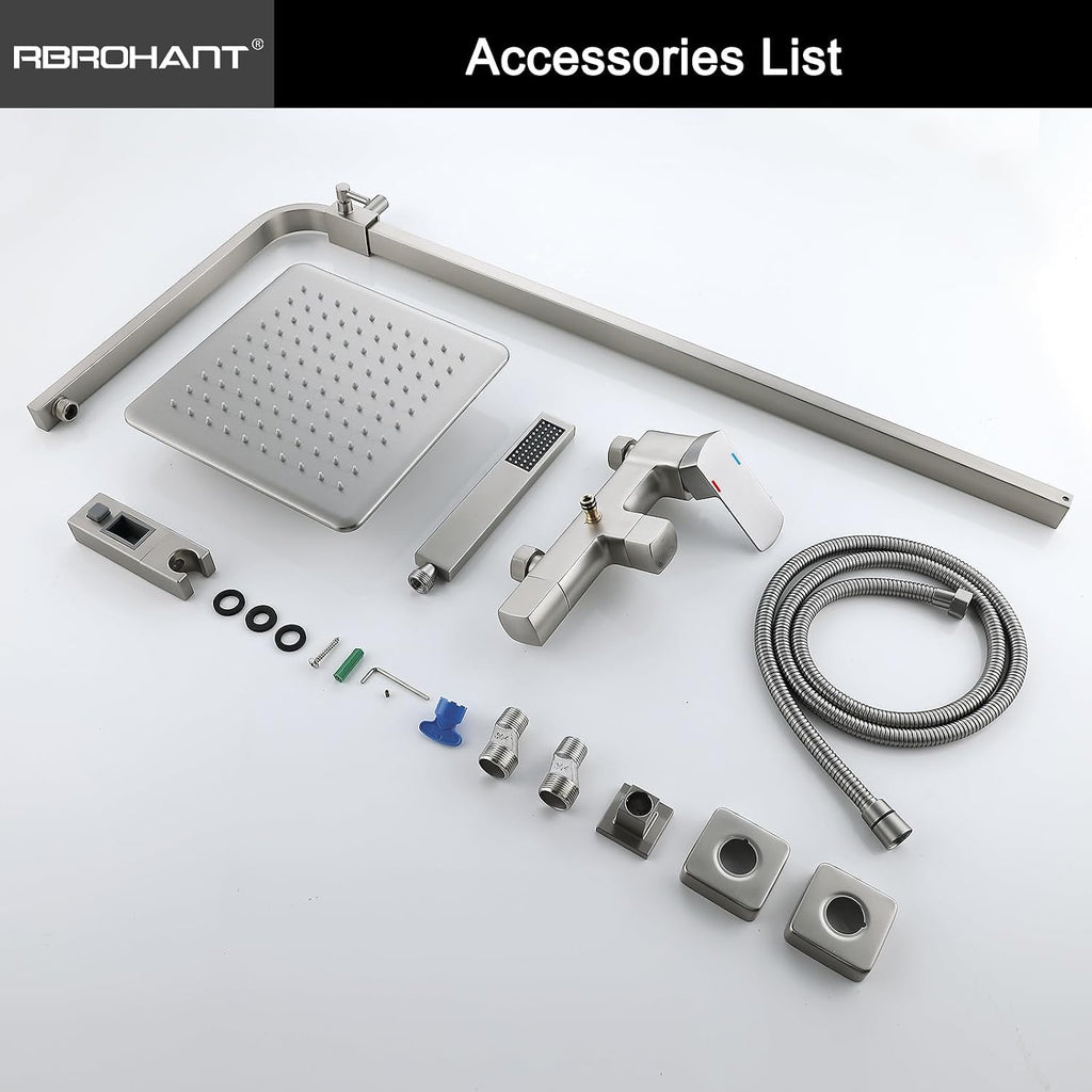RBROHANT Brushed Nickel Exposed Shower System with Tub Spout, Exposed Shower Fixtures for Bathroom with Brass 3-Functional Valve, Shower Height Adjustable, Wall Mounted