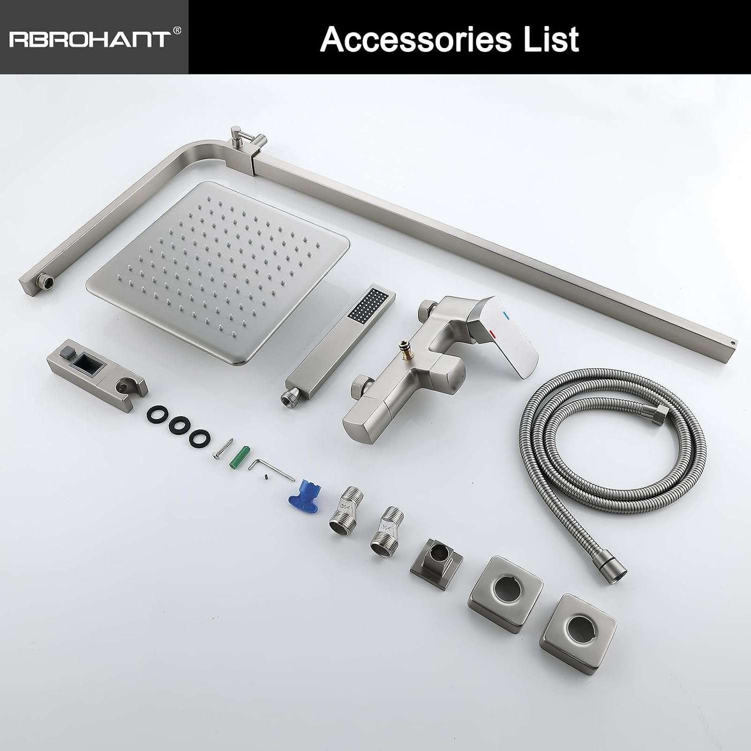 RBROHANT Brushed Nickel Exposed Shower System with Tub Spout, Exposed Shower Fixtures for Bathroom with Brass 3-Functional Valve, Shower Height Adjustable, Wall Mounted