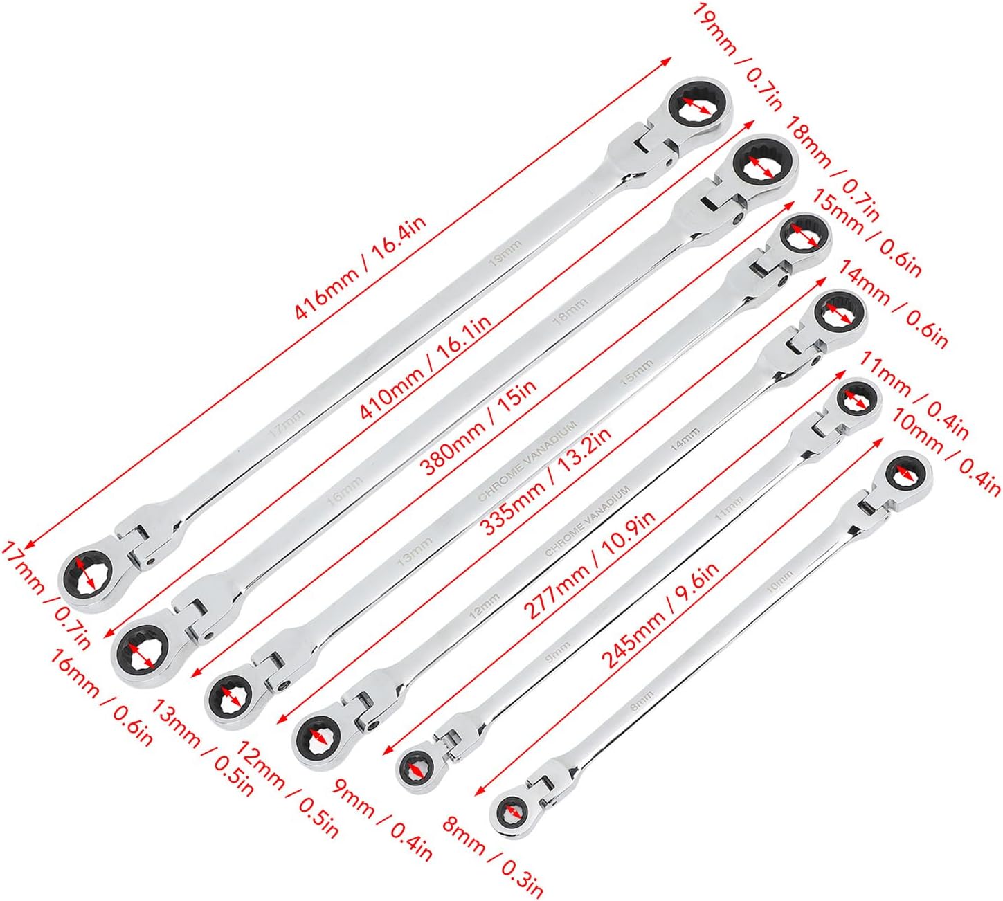 Qiilu 6pcs Flex Head Ratcheting Wrench Set, Metric 8-19mm CRV Steel, Extra Long Double Box End Ratchet Wrench for Repair, Greater Leverage and Easy in Tight Spaces, Efficient