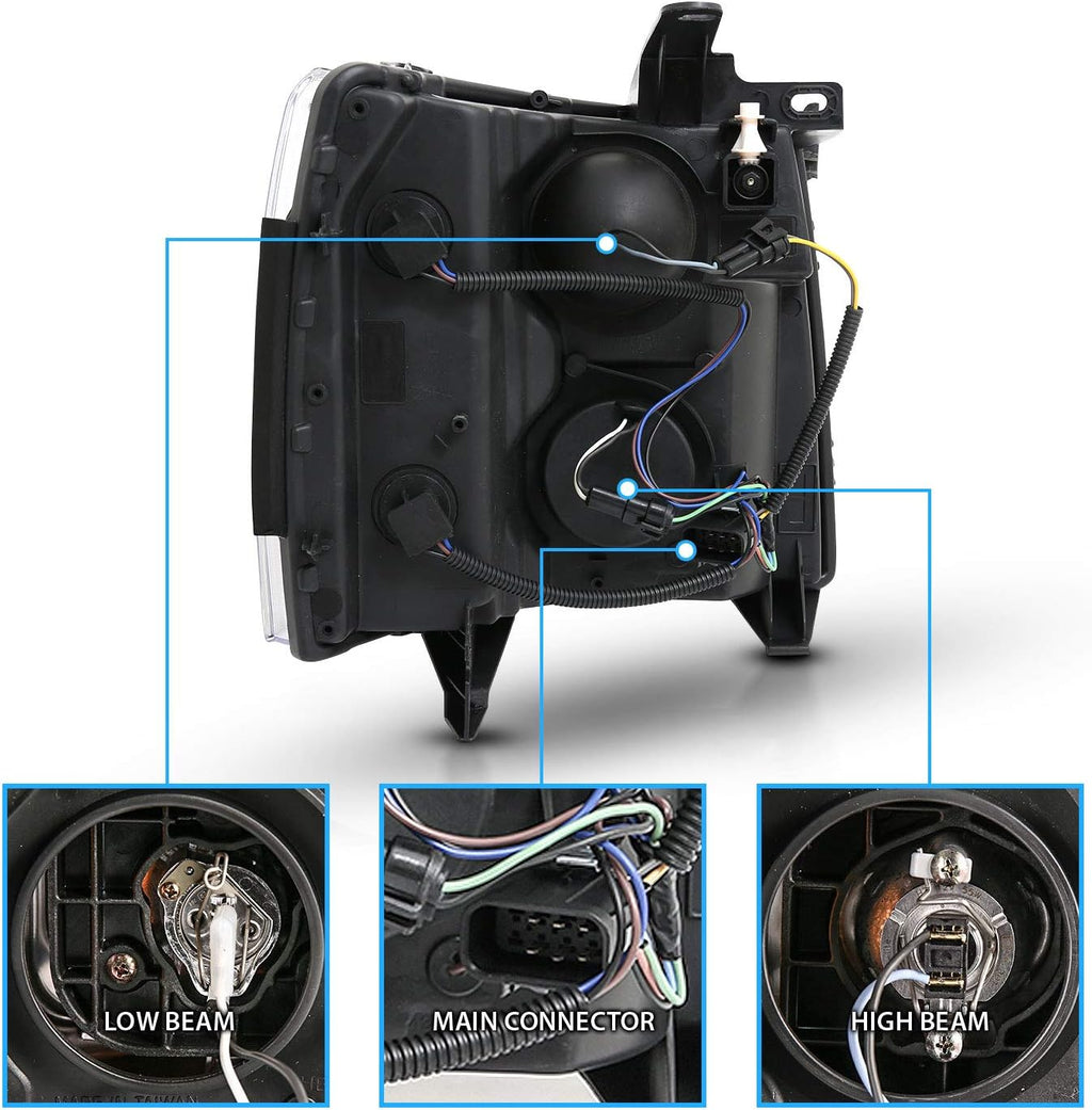 AmeriLite For 2007-2013 Chevy Silverado 1500/07-14 Silverado 2500HD 3500HD LED Tube Chrome Square Projector Headlights Set - Passenger and Driver Side